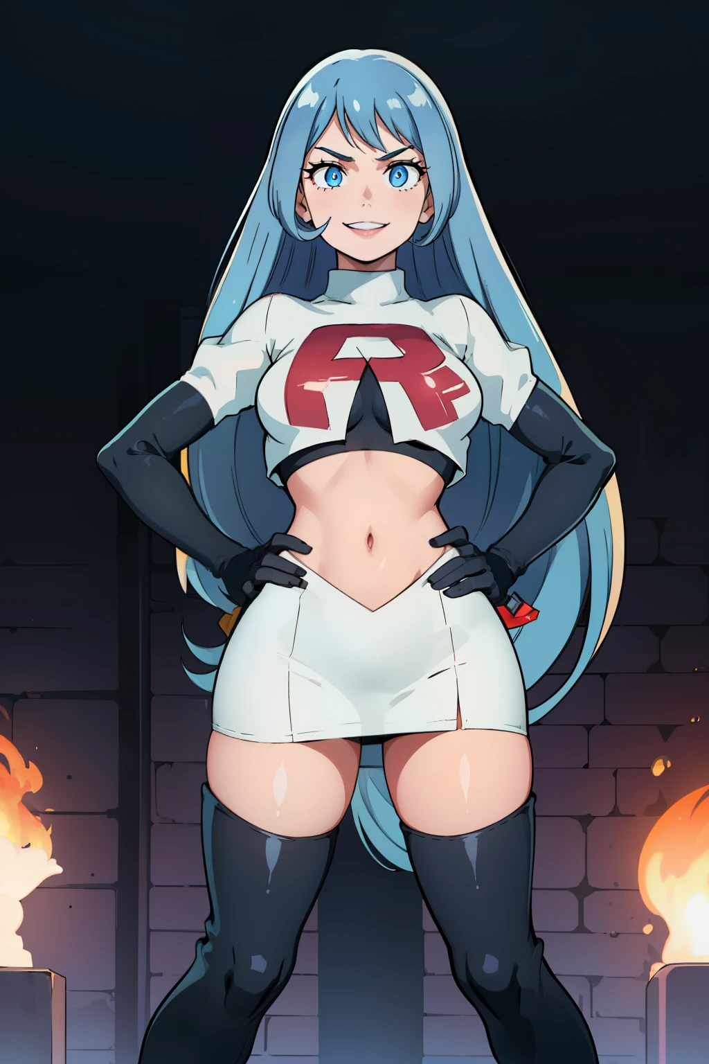 nejire hado, 1girl, solo, long hair, breasts, bangs, blue eyes, medium breasts, very long hair, blue hair,glossy lips ,team rocket uniform, red letter R, white skirt,white crop top,black thigh-high boots, black elbow gloves, evil smile, hands on hips
