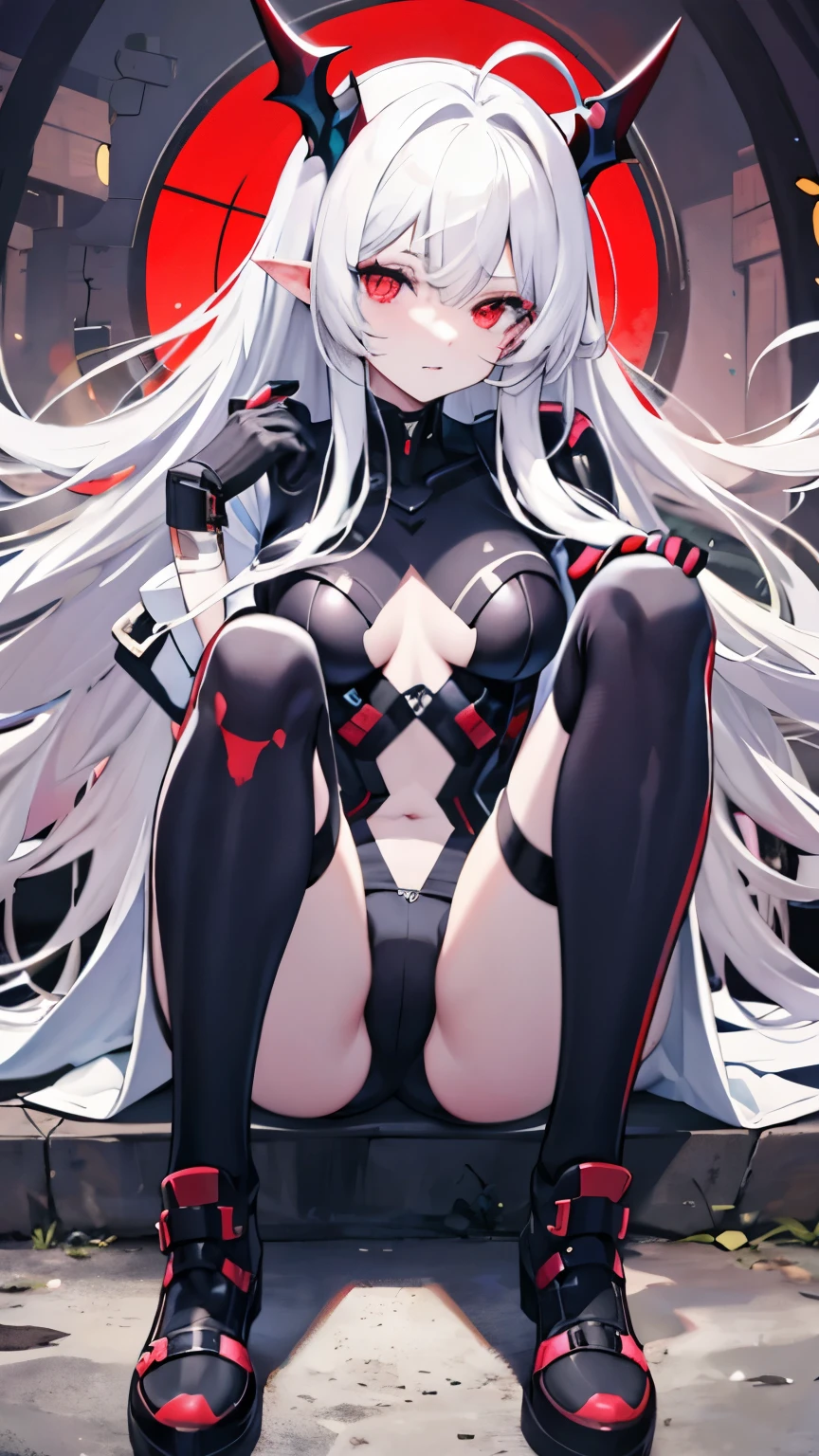 pale skin，dark风，long white hair，black eye shadow，red eyes，Abstinence，dark，antenna，succubus，Open the legs，angry，Battle damage，Broken clothes，Transparent underwear，camel toe，sitting，hot pants，Mecha，front view