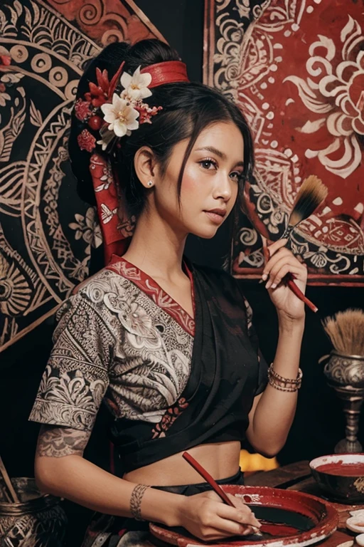 balinese batik paint brush, using red, black and white color, only the painting
