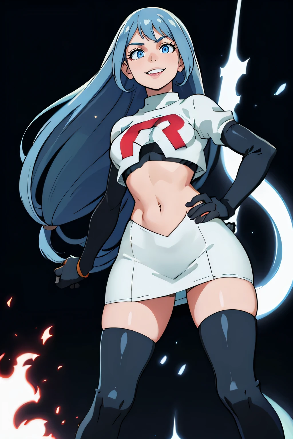 nejire hado, 1girl, solo, long hair, breasts, bangs, blue eyes, medium breasts, very long hair, blue hair,glossy lips ,team rocket uniform, red letter R, white skirt,white crop top,black thigh-high boots, black elbow gloves, evil smile, hands on hips