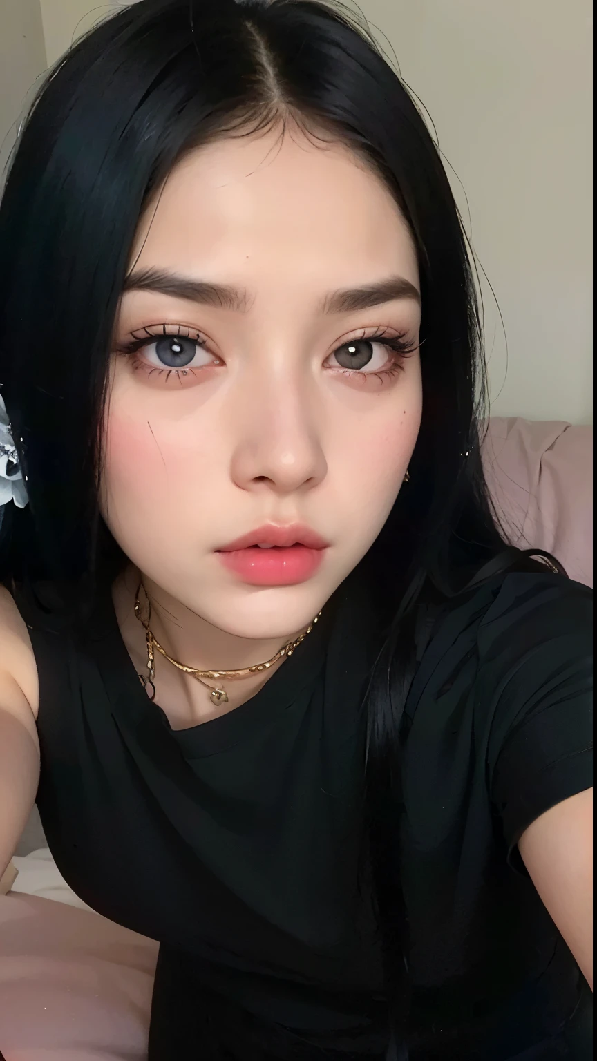 arafed woman with black hair and a black top with a flower in her hair, 18 years old, black hair and large eyes, straight eyebrows, 1 , 🤤 girl portrait, pale goth beauty, violet myers, perfect face ), 19-year-old girl, ava max, pale-skinned persian girl, pale skin and dark eyes