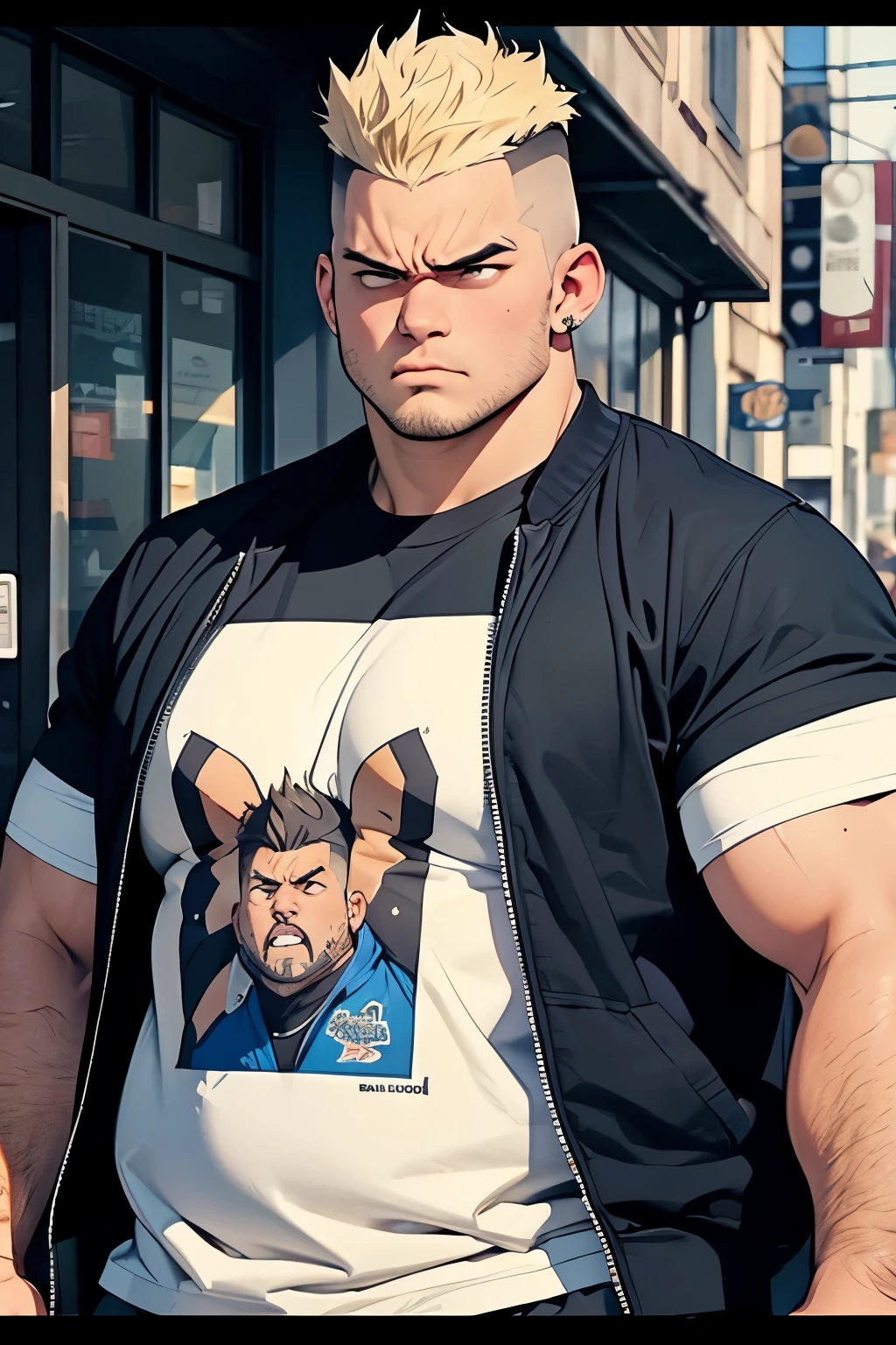 a fat teen Bullie with 300kg,with Brown and blonde Mohawk hair,with a angry face,wearing a t-shirt written im coolest, showing him belly with a blue jacket