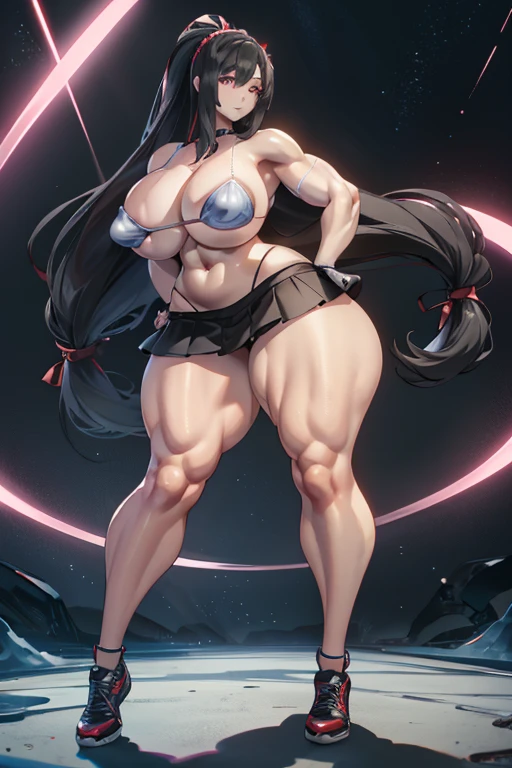 Best quality,8K,ultra high res:1.5),(Pretty very very long ponytail hair tied with red ribbon girl),(Huge breasts:0.50),(very voluptuous body),(very voluptuous thigh),(body builder girl:1.5),(wide muscle:1.8),(light smile),(eyes to camera),(light black hair),(red short skirt),(small nipples),(sexy abdominal muscles),(standing),(black shoes),(blue eye ball),(naked)