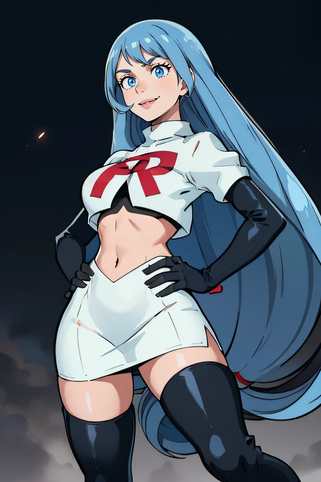 nejire hado, 1girl, solo, long hair, breasts, bangs, blue eyes, medium breasts, very long hair, blue hair,glossy lips ,team rocket uniform, red letter R, white skirt,white crop top,black thigh-high boots, black elbow gloves, evil smile, hands on hips