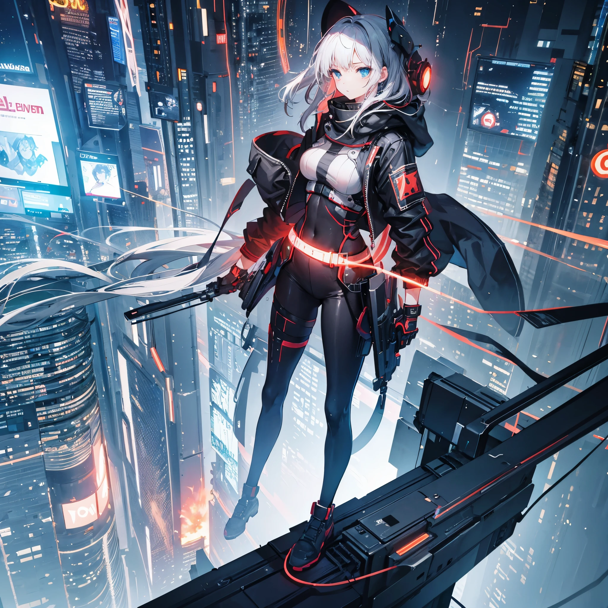 (ultra-detailed background, detailed background), absurdres, highres, ultra detailed), A girl, standing above of a scifi dystopian city, night time, view from above, looking down onto city, windy, many signs with women on them, advertisments, bright city