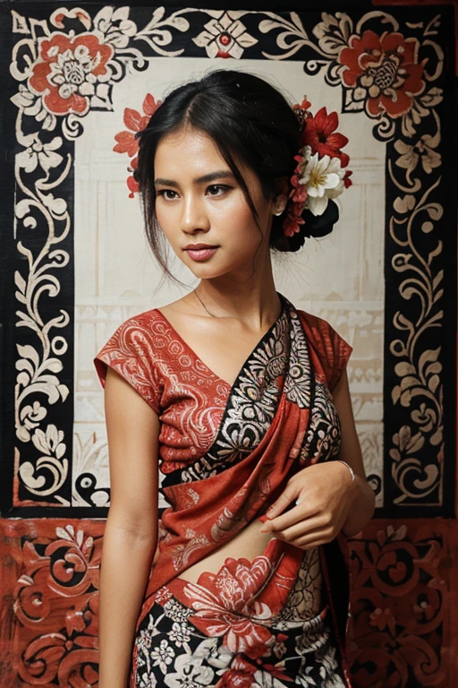 balinese batik painting on fabric, using red, black and white color