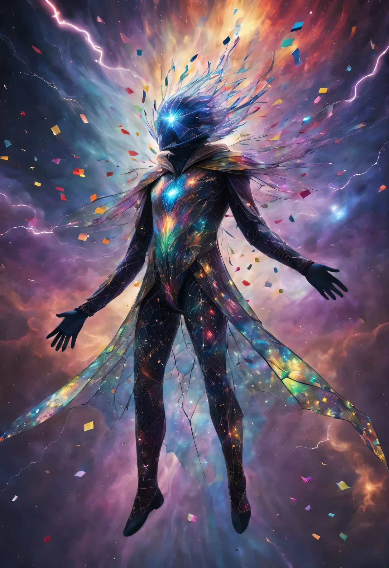 Colored confetti,Stunning digital illustrations, Transparent cloak-like creature, Featuring intricate patterns similar to stained glass nebulae, as it weaves in space,Countless legs crackled by cosmic lightning.