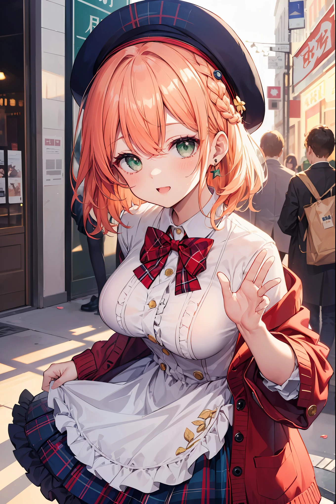 super insane detail、disorganized、ultra high resolution、super detail、highest quality、 1 girl、solo、nice hands、perfect hand-made (Vintage style beret with flower pin:1.3)、(navy&Red Plaid Dress:1.5)、(Gold buttons on the front:1.2)、(frills、red bow tie、Ivory blouse:1.4)、(peach cardigan、cable knit patterns:1.3)、(black tights denier20:1.1)、(red mary jane shoes:1.2) best smile、open your mouth、wave your mouth、 Awesome pose、cowboy shot、slender、Look straight ahead with shining eyes、cute、symmetrical face、超cute女の子、超cute顔、Ultra-fine eyes、super cute hair、超cute、Super beautiful、 stylish clothing design、Super famous theme park、Central Street、crowd、attraction、 big breasts、soft swaying breasts、BREAK (medium hair、Braid、silky smooth hair、dark green eyes)、hair between eyes