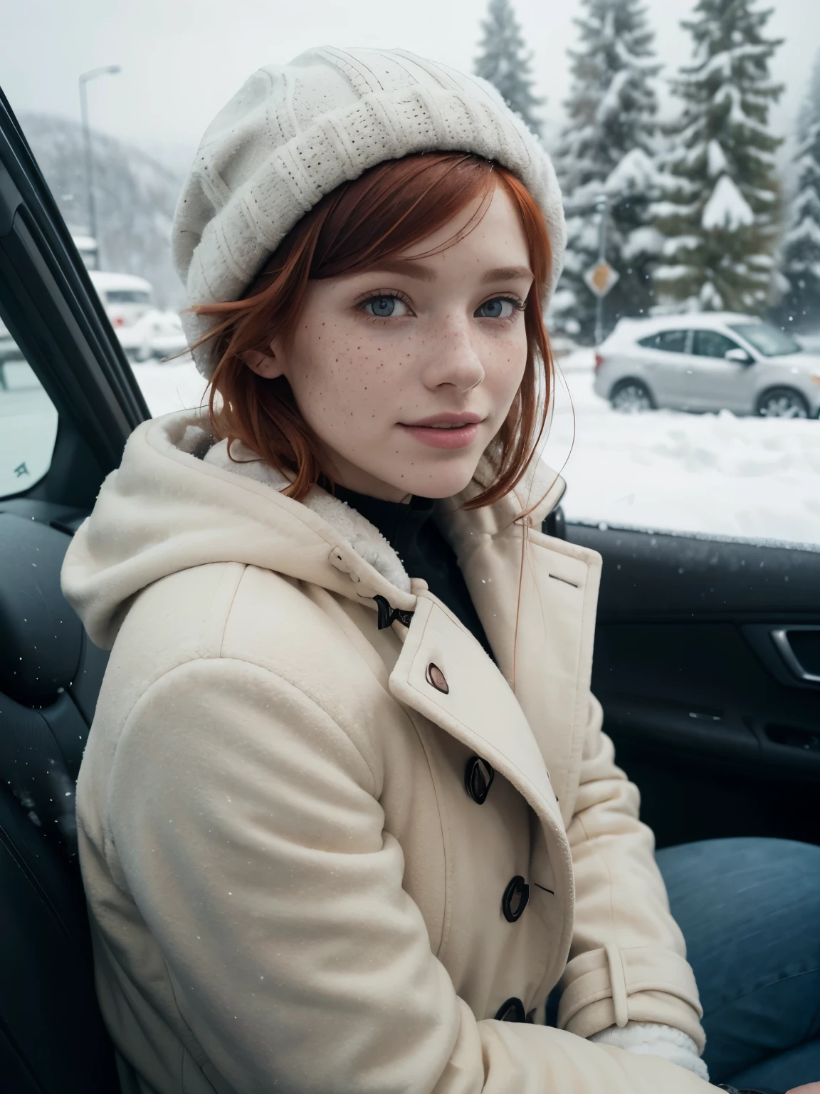 feminine figure, redhead, freckles, best quality, realistic skin texture, photography, detailed facial features, film grain texture and high contrast, extremely high-resolution details, photographic, photorealistic, hyper-realistic, HDR, masterpiece, short hair, mouth smile, sitting inside car, selfie, snowing outside car, hat, coat, parking lot background