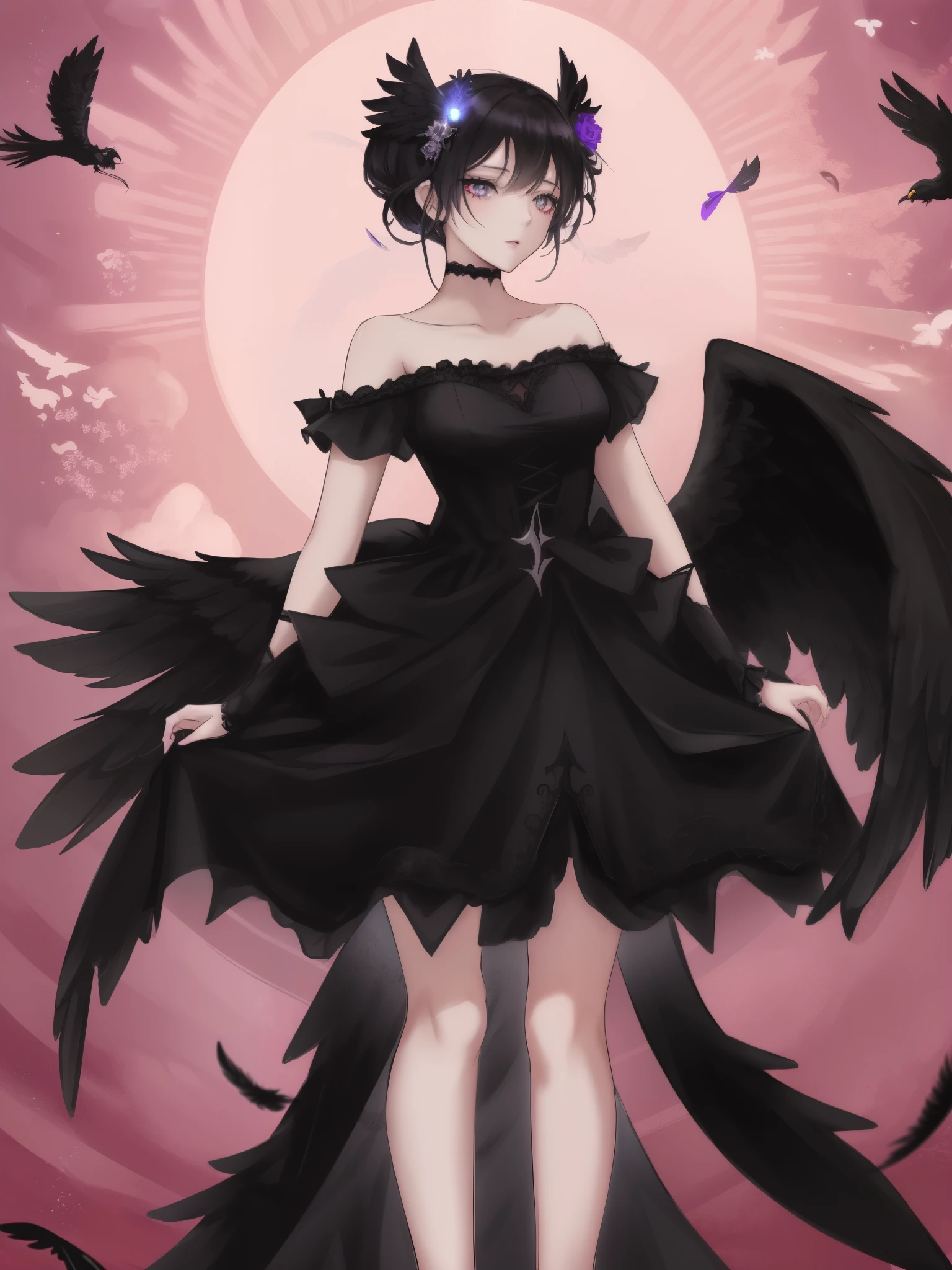 Anime-style image，woman wearing black dress, dark feathered wings, bladed wings lace wear, Anime girl wearing black dress, black wings instead of arms, Villain has black angel wings, Astral Witch Clothes, fantasy costumes, has black wings, dark star dress, Wings Black Lace Outfit, crow angel wings, Wearing a feather dress