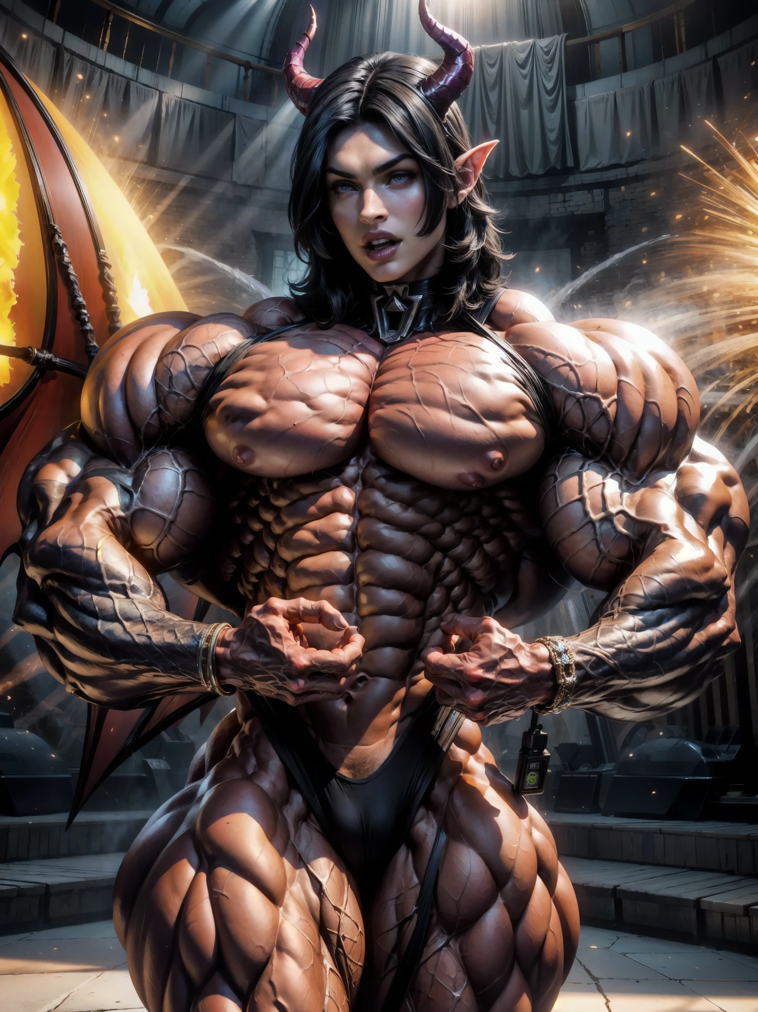 (1 girl), (megan fox:1.25), (naked gore:1.25), Sexy Evil muscular anatomic Succubus, (Muscular skinless anatomy:1.25), (large Demon horns:1.25), anatomic tech muscular bodysuit, an evil red glow emanating from her, (huge demonic wings:1.25), Black Eyes, large veiny breasts, (perfect hands:1.25), diabolic, insidious, Context of the Satanic Church, (8k, RAW photo, photorealistic:1.25),