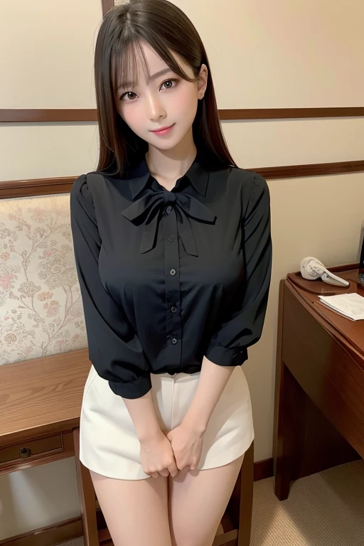 ((standing)) , (both hands on knee) , leaning forward , master piece , best quality , highly detailed , (matured female) , blouse , japanese , room , indoor
