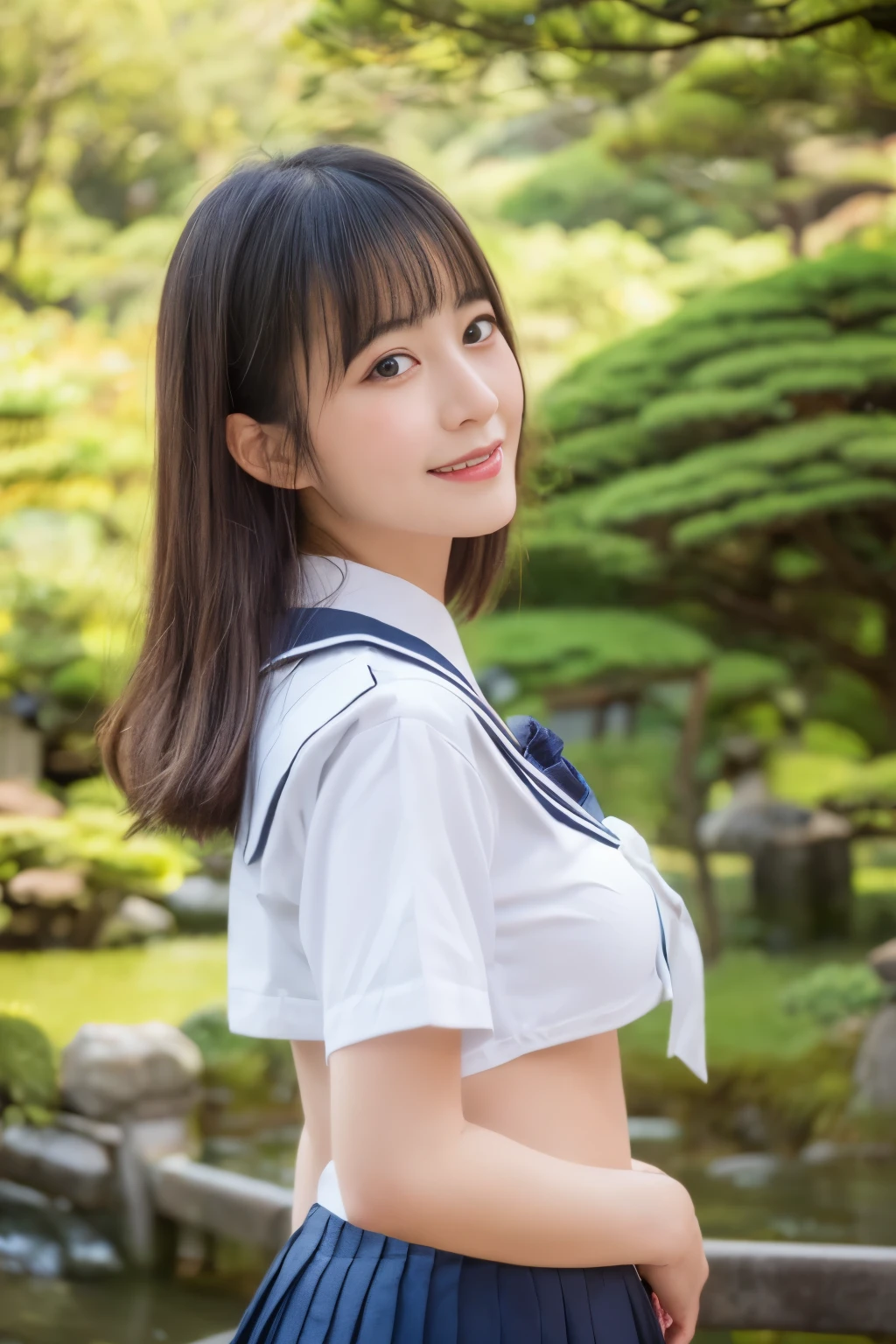 (highest quality,8K,High resolution:1.2),(Beautiful realistic Japan person:1.6)、(cute japanese girl:1.4),(rich bust:1.25),(glamorous body),(school uniform,bra,pleated skirt,sailor collar,white shirt:1.2)、17 years old、Professional、(My dear woman、joy of loving、heartbeat)、Happy、national park、forest、Mountain々、