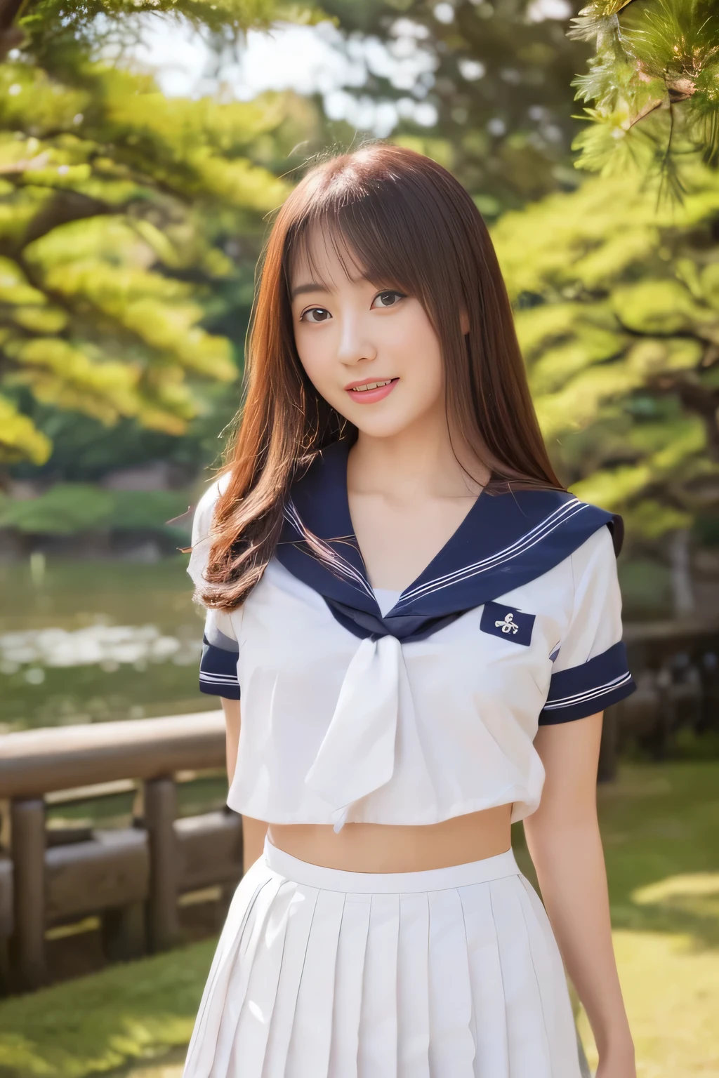 (highest quality,8K,High resolution:1.2),(Beautiful realistic Japan person:1.6)、(cute japanese girl:1.4),(rich bust:1.25),(glamorous body),(school uniform,good,pleated skirt,sailor collar,white shirt:1.2)、17 years old、Professional、(My dear woman、joy of loving、Heart rate)、Happy、national park、forest、Mountain々、