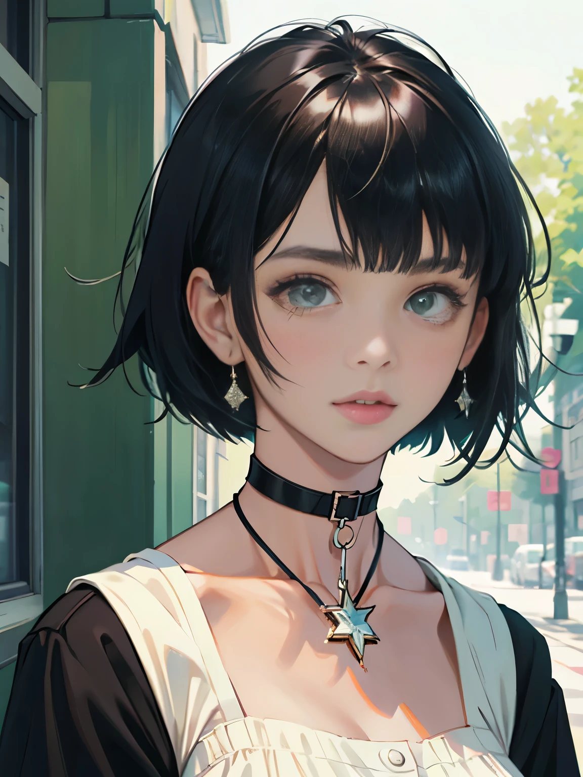 15 year old girl,  bangs、black short bob、cute girl、green eyes、Choker around the neck、 daytime: 1.2, on campus: 1.2,