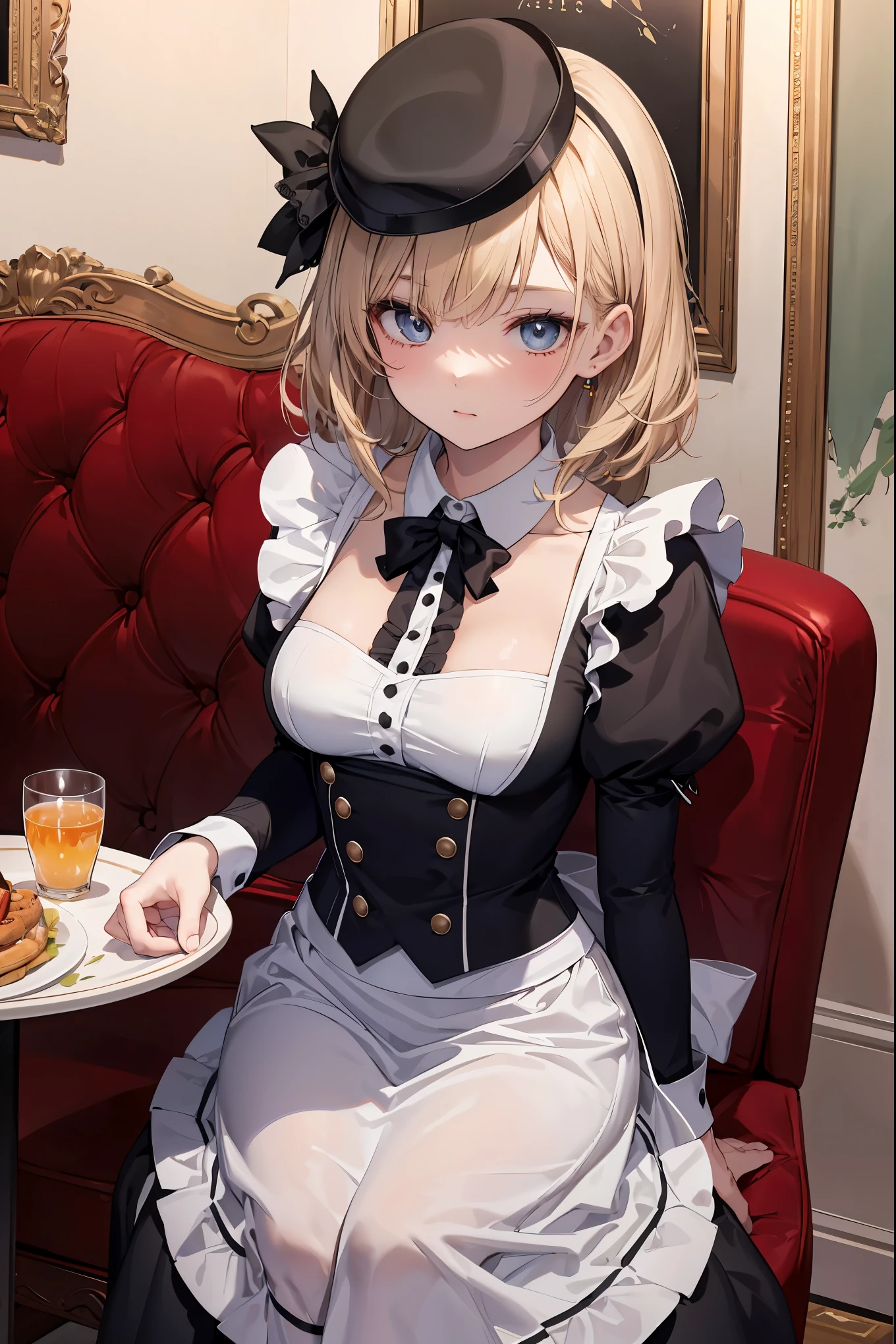 Masterpiece, Superior image quality, high resolution, 4k image,photo and gross, photorealistic, whole body, 1 young blonde of 15 years, sitting on a chair, perfectly drawn body, (big breasts), seductive expression, loving smile, Beautiful face, long blonde hair, Blue eyes, very detailed eyes, choker:1.6, (white long sleeve button down shirt with white collar), black gloves, gloves that cover hands, (holding a fork), (black leather corset), (shiny black leggings), Sensual Lips , show details in the eyes, View from above, looking at the viewer, elegant dining room, with plates of food, At night, low lighting