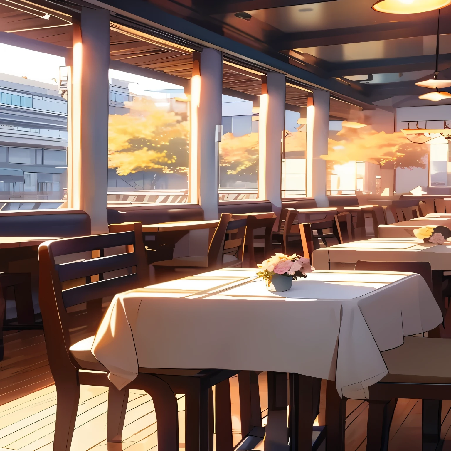 anime screenshot, anime background, cozy afternoon cafe, cozy tables, cozy chairs, tablecloth, cone ceiling lightning, manhwa style, no character, view from below