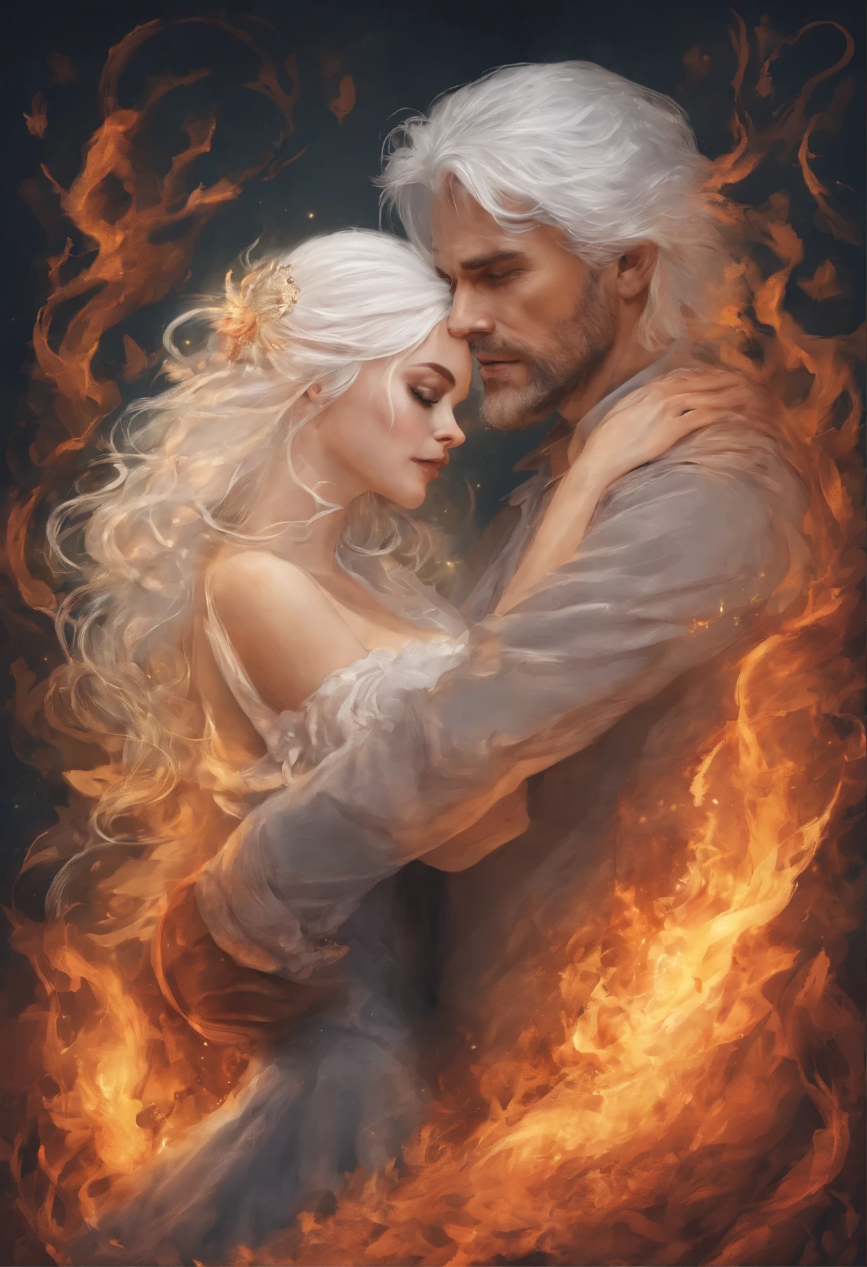 A white-haired man engulfed in fire hugs a brunette girl