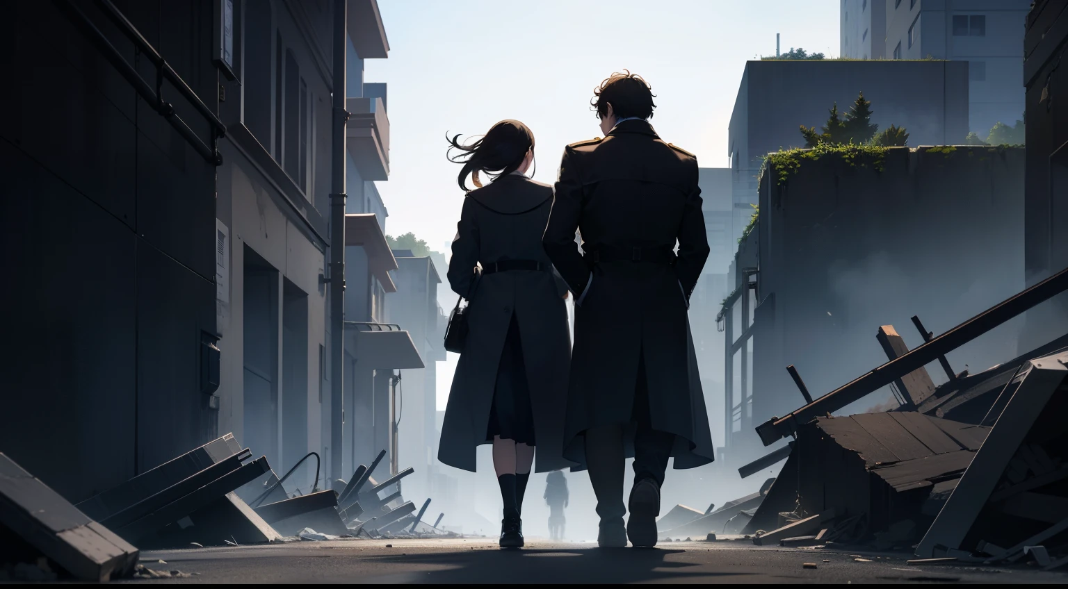 A male student and a female student in a trench coat face away from the picture,Walk through vast ruins,Under the stars,In the dark,In the distance there is a vague monster in human form。