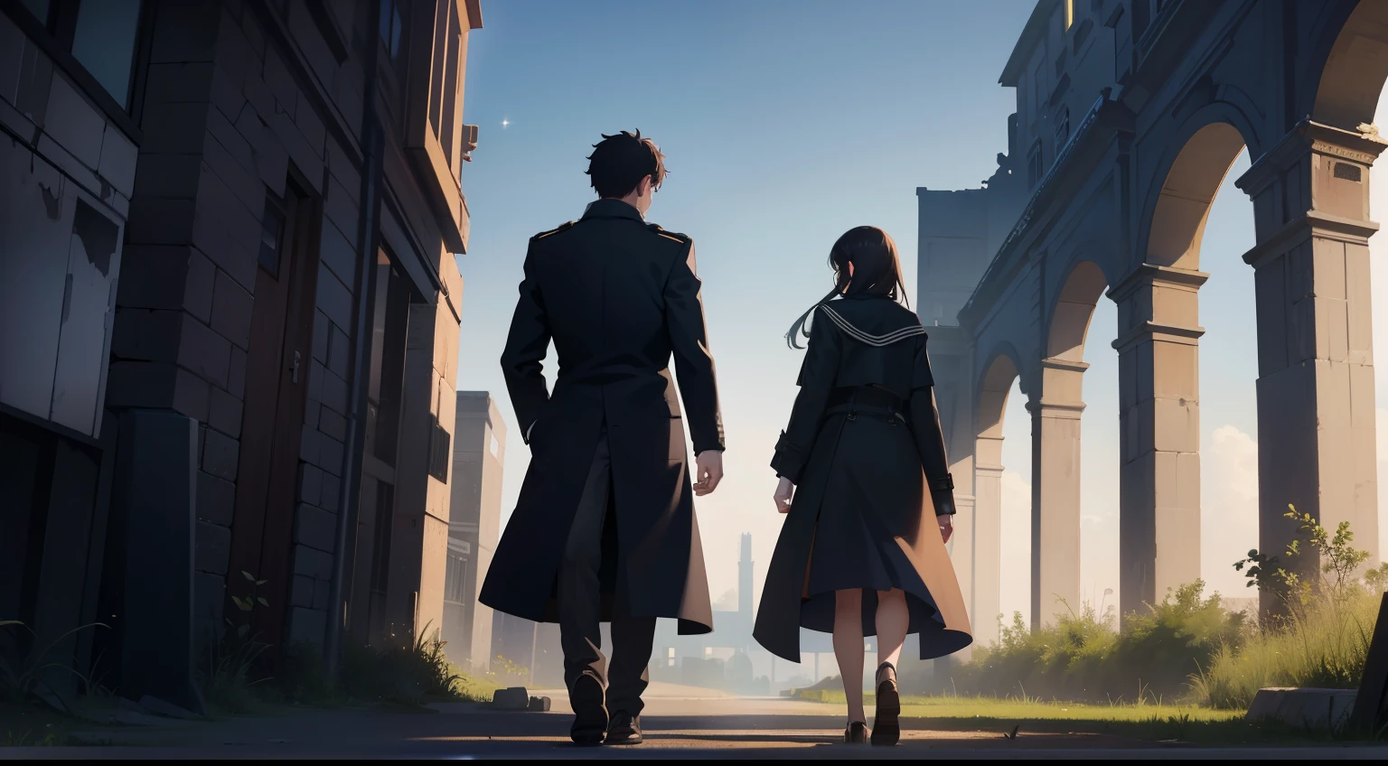 A male student and a female student in a trench coat face away from the picture,Walk through vast ruins,Under the stars,In the dark,In the distance there is a vague monster in human form。