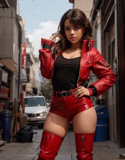 ager 15 yen cuerpo. Vestida de falda y botas. Top rojo y chaqueta de cuero rockera sexy.