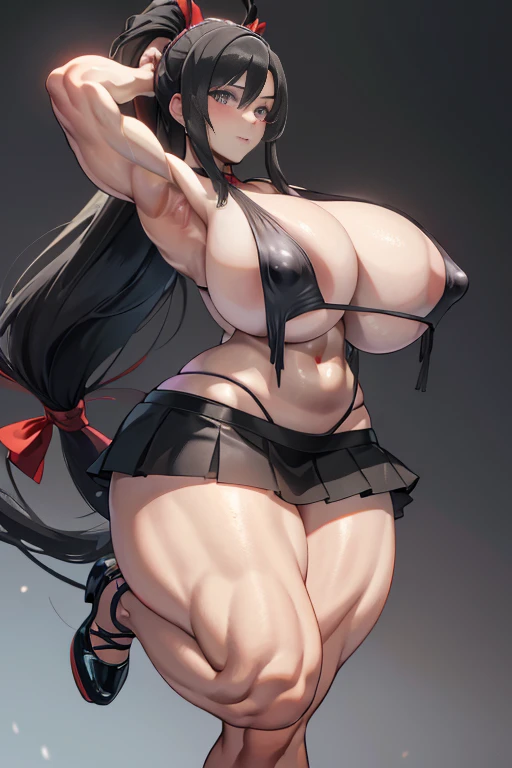 Best quality,8K,ultra high res:1.5),(Pretty very very long ponytail hair tied with red ribbon girl),(Huge breasts:1.20),(very voluptuous body),(very voluptuous thigh),(body builder girl:1.5),(wide muscle:1.8),(light smile),(eyes to camera),(light black hair),(red bra),(red short skirt),(nipples),(sexy abdominal muscles),(running),(black shoes),(nipples),(blue eye ball),(naked),(bouncing )