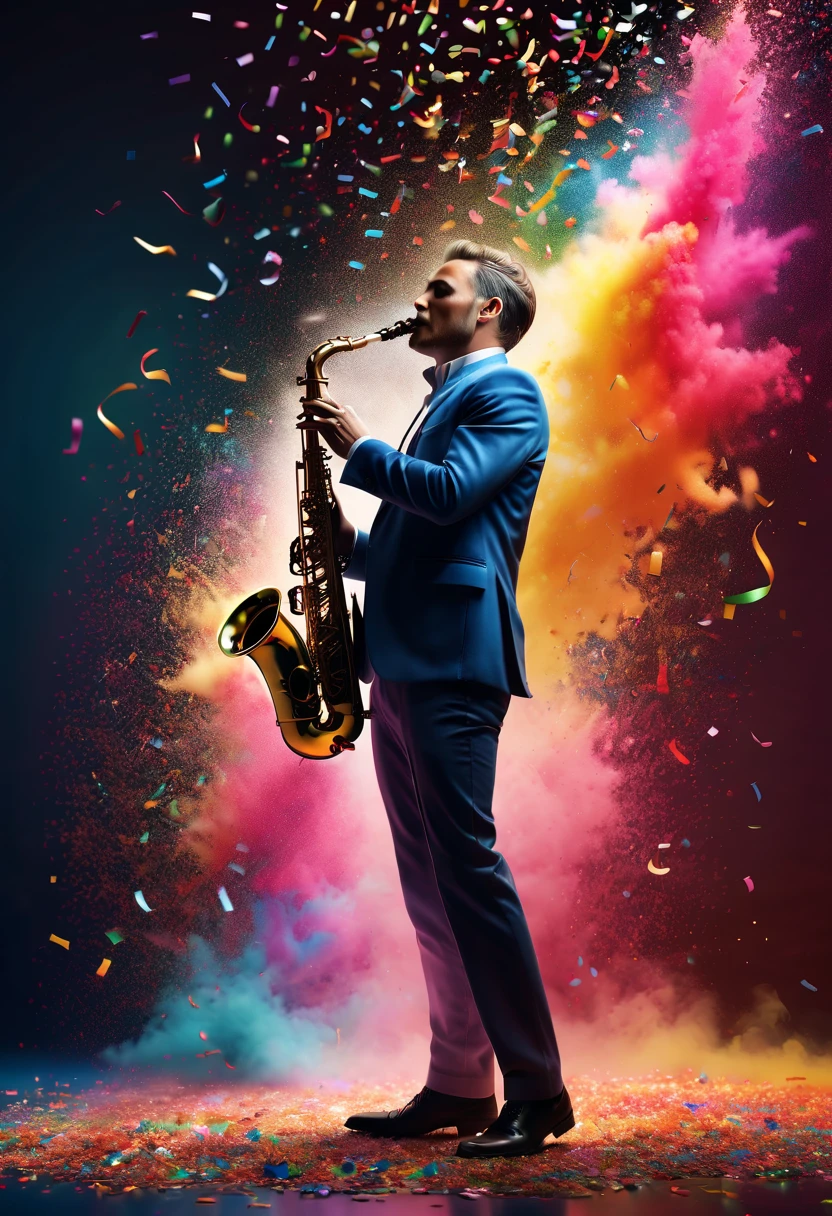 (best picture quality,4K,8k,HD,masterpiece:1.2),Super detailed,(lifelike,lifelike,lifelike:1.37)。Creative wallpaper design,extremely beautiful,Colorful confetti bursts out like fireworks,(((elder,Playing the saxophone,Colorful confetti spewing out of the saxophone,Dance to the music melody)))Energetic movement,Dynamic and powerful abstract art,colorful,Vivid rainbow hues,Joyful and lively atmosphere,Bright orange,pink,Whimsical and dreamy,dark background