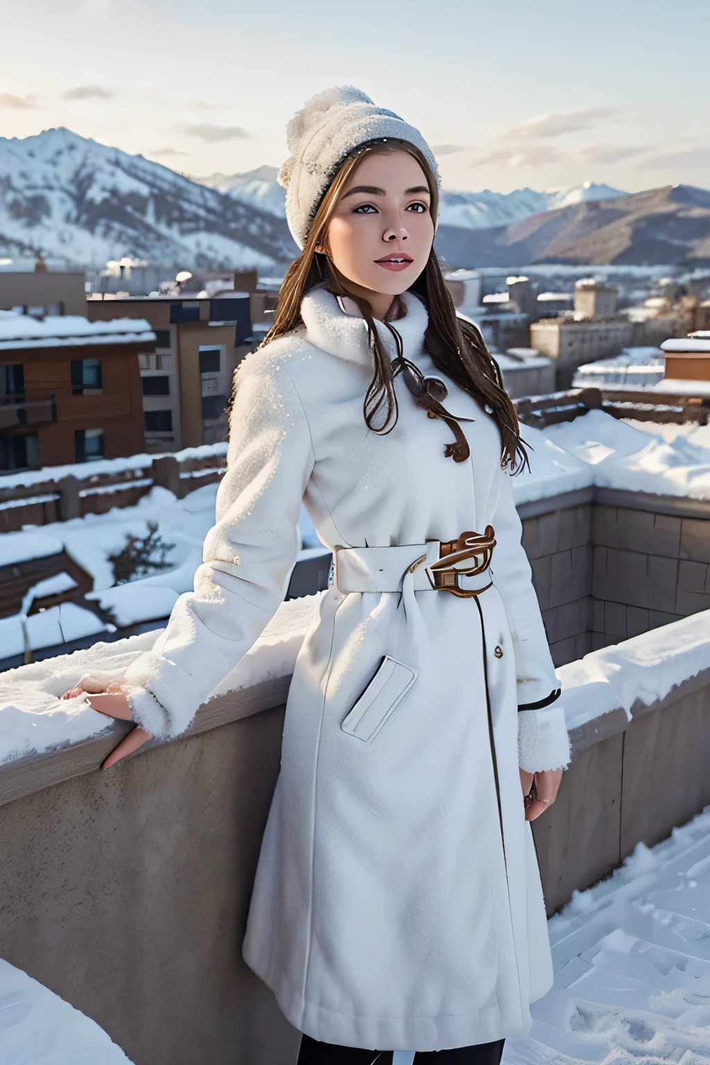 Feel the magic of winter on a mountaintop! Describe your Snow Queen look as you stand on a rooftop terrace with the snowy landscape stretching on forever. What detail in your outfit captures the essence of winter elegance,american girl,20 years old,brunette,brown eyes,