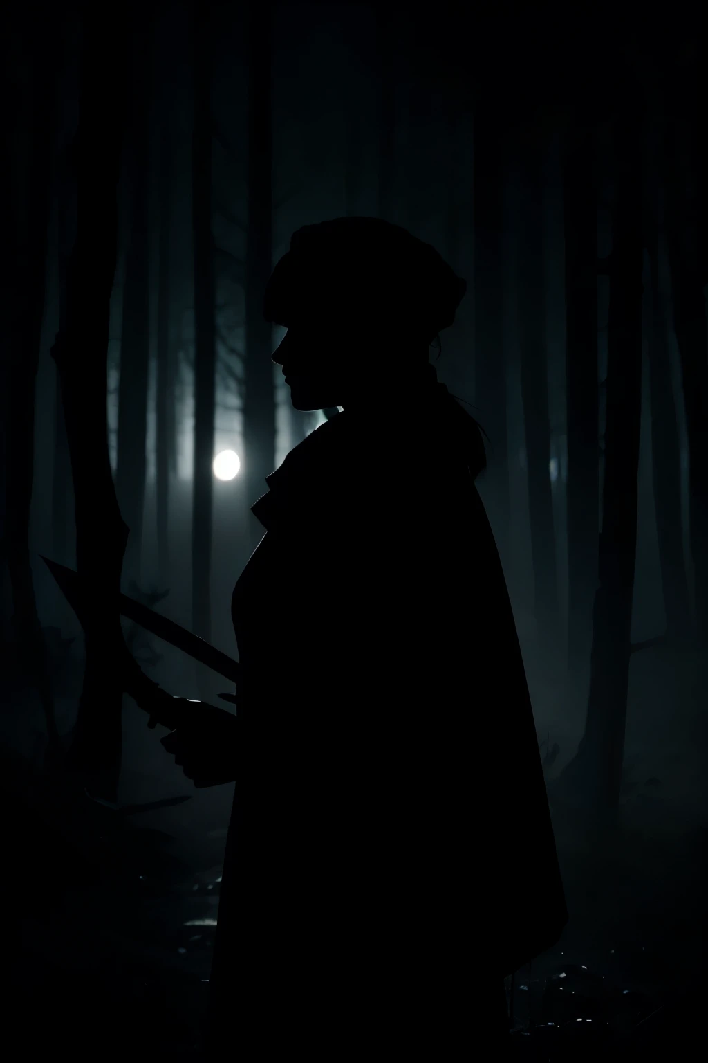 shadow silhouette of a murderous lumberjack woman with a dagger in her hands in a forest in the middle of the night, silhouette without lighting, shadow silhouette in darkness, silhueta de jazz, sombra em uma floresta. sombra sem corpo, sem rosto, sombra silhueta, silhueta sombria dentre arvores, silhueta de uma pessoa nas sombras
