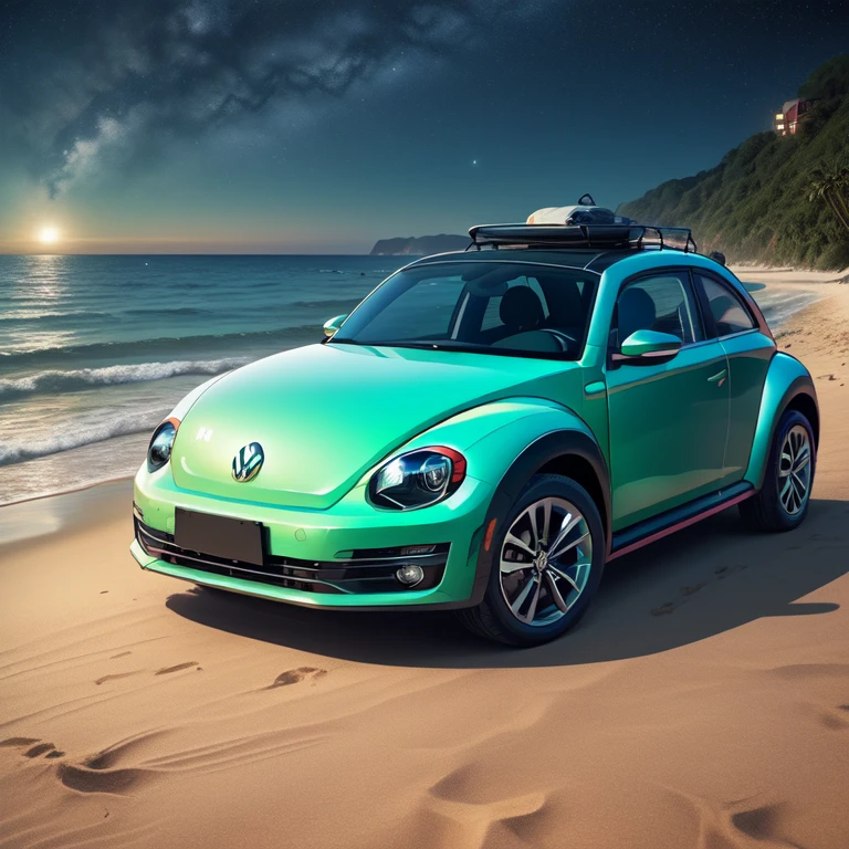 Illustration Design, (red convertible vw beetle), Watercolor splashes, , realistic car, isometric, soft color vector、volkswagen vintage beetle, (seaside, Palm tree、boat at anchor、(Sea of night、starry skies、beach house、dark Knight))、You can see a big green suitcase on it..、car trip、Ichiban star、Highlight the car