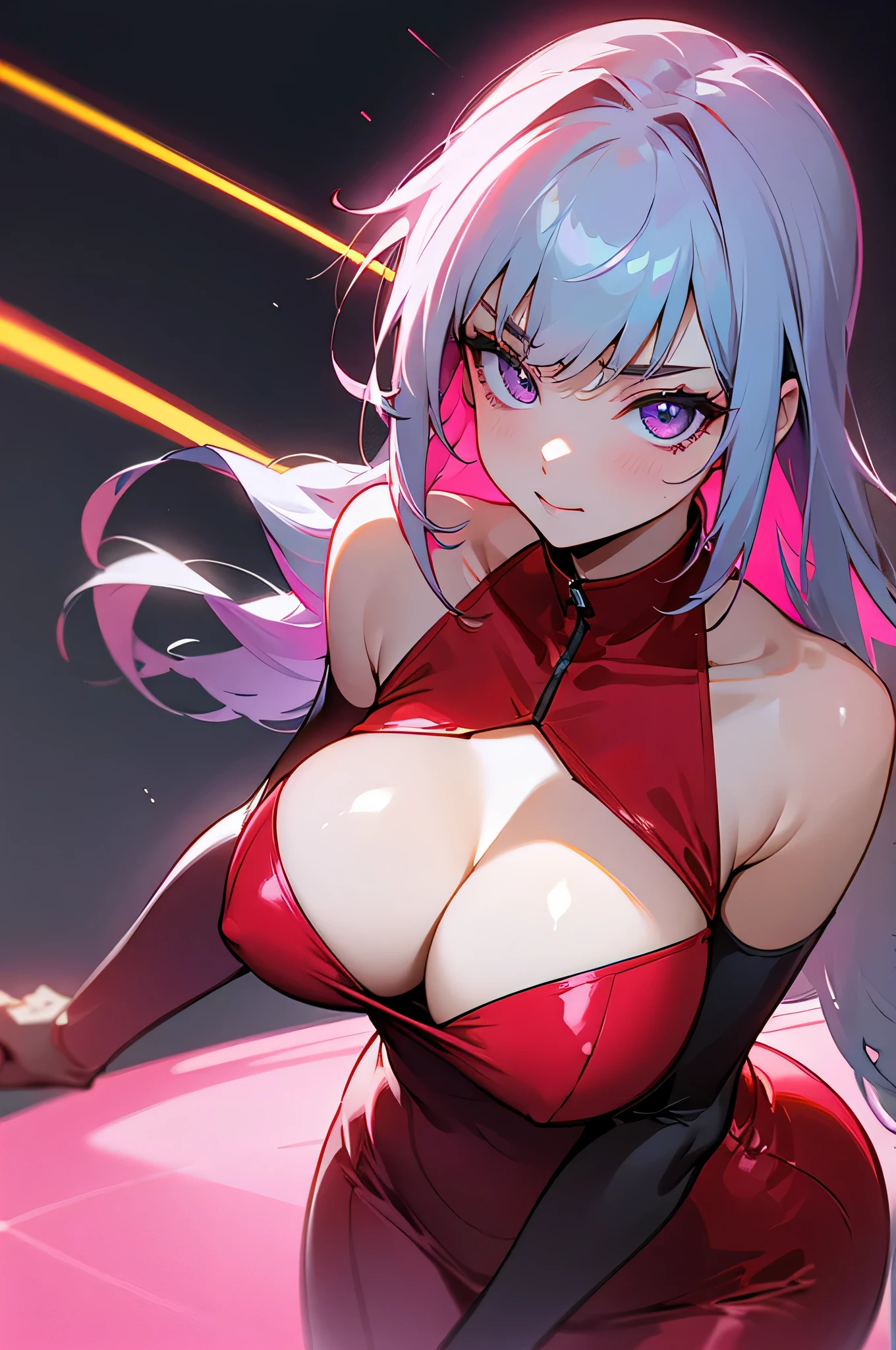 1 adult female、Neon feeling、neon laser、looking at the camera、I don't have anything、larger breasts、cleavage、Red dress