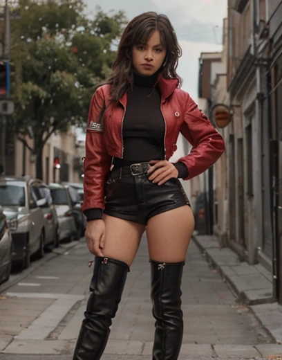 teenager 15 years old. Buen cuerpo. Vestida de falda y botas. Top rojo y chaqueta de cuero rockera sexy.
