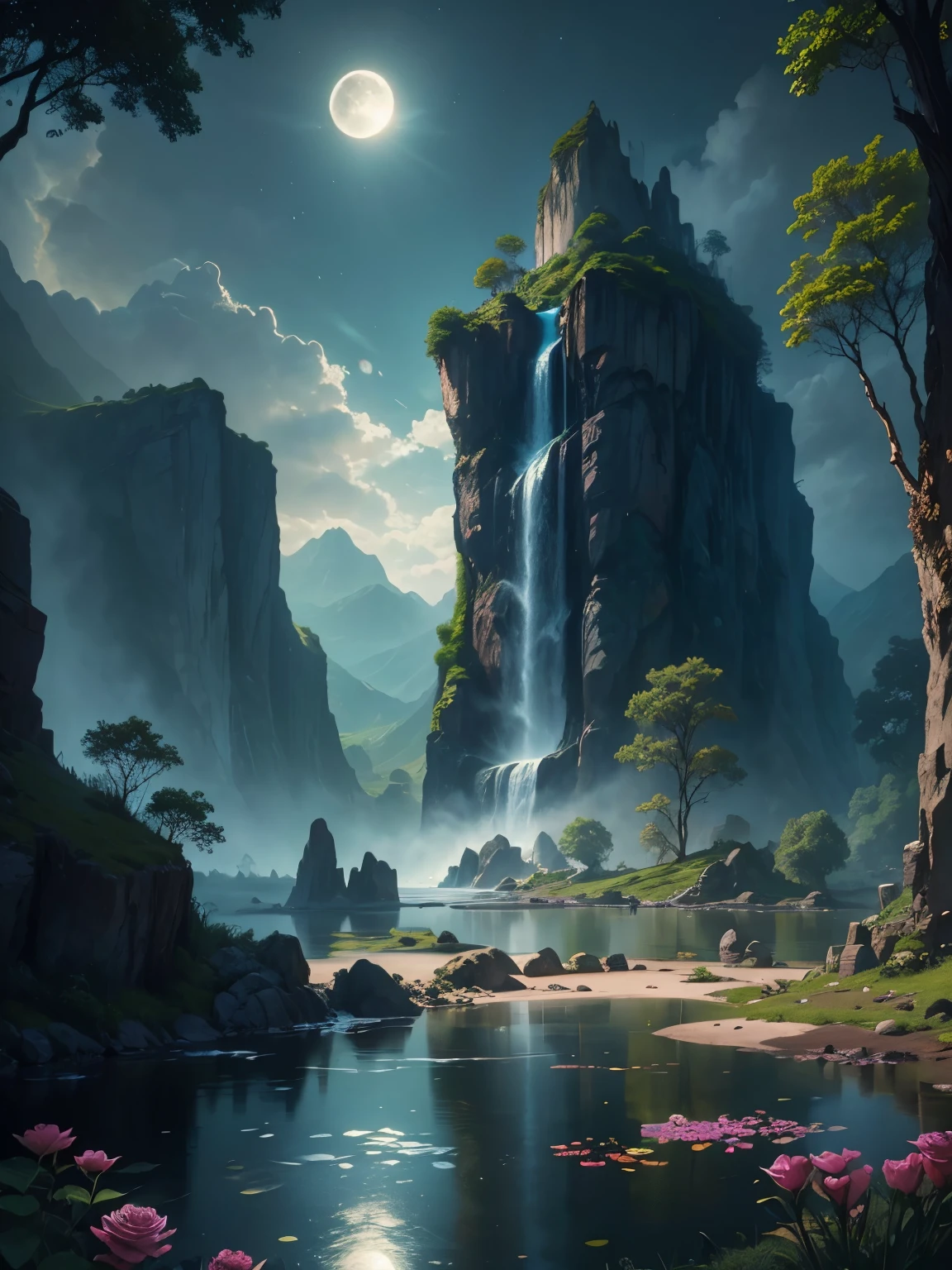 there is a large waterfall in the middle of a mountain, ancient city, epic matte painting of an island, the lost city of atlantis, an aztec city in a island lake, ancient city landscape, lost city of atlantis, marc simonetti. intricate, beautiful concept art, stunning concept art, highly realistic concept art, art style of marc simonetti, (((masterpiece))), best quality, high quality, extremely detailed CG unity 8k wallpaper, scenery, outdoors, sky, cloud, no people, mountain, landscape, water, tree, blue sky, waterfall, cliff, nature, lake, river, cloudy sky,award winning photography, Bokeh, Depth of Field, HDR, bloom, Chromatic Aberration ,Photorealistic,extremely detailed, trending on artstation, trending on CGsociety, Intricate, High Detail, dramatic, art by midjourney, tall waterfall, painting of a river with rocks and trees in the foreground, near a river, landscape, jungle, waterfall, crystal clear water, night light,((full moon)), colorful, river with rocks, rock bridge, epic, fantasy, ((roses and flowers on the banks of the pond)), ((oil painting)), moon landscape reflected in river, ((rock bridge))