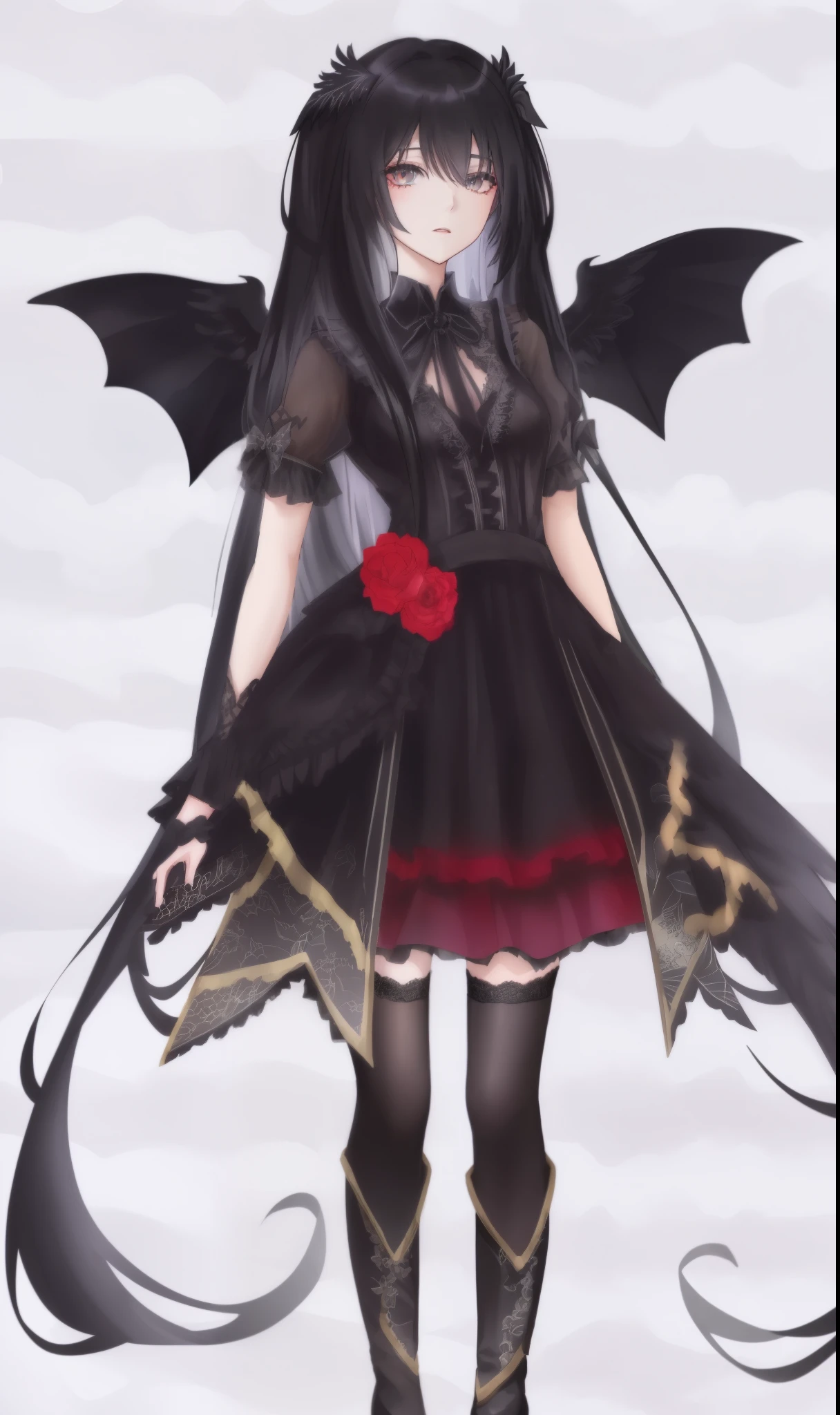 Anime-style image,woman wearing black dress, dark feathered wings, bladed wings lace wear, Anime girl wearing black dress, black wings instead of arms, Villain has black angel wings, Astral Witch Clothes, fantasy costumes, has black wings, dark star dress, Wings Black Lace Outfit, crow angel wings, Wearing a feather dress