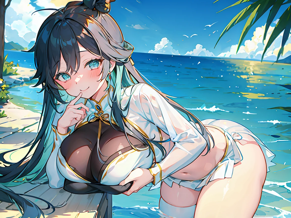 beautiful,official art,Excellent texture,8K,masterpiece,best quality,完美的detail,1 female high school student,huge breasts,cute,Smile,shy,,Pampering,blush,Open your mouth wide,detail,Transparent white super short pajamas,Transparent underwear,see-through miniskirt,Show your whole beautiful belly,beautiful大腿,Detailed fingers,beach
