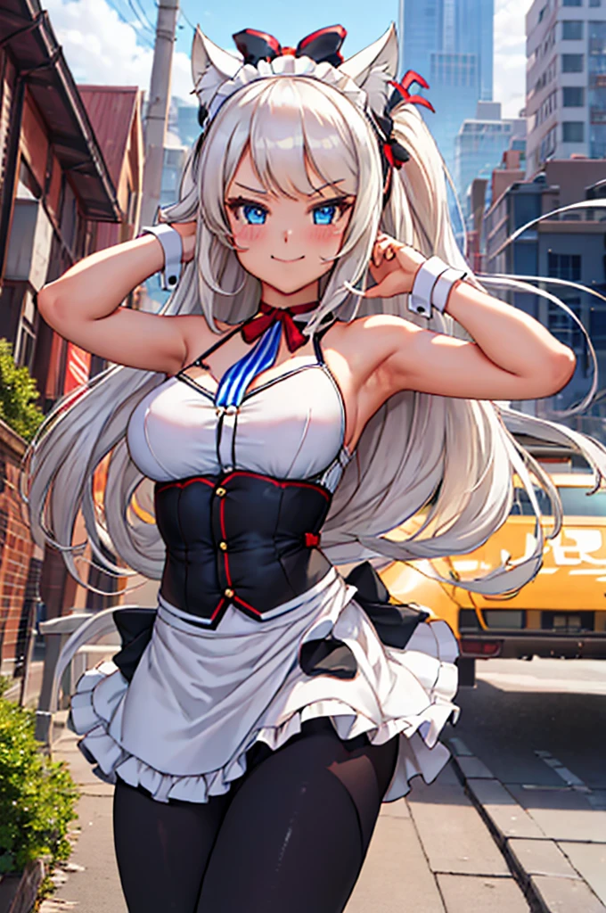 Hammann, 1girl, solo, long hair, looking at viewer, fake animal ears, smile, breasts, city background, bare shoulders, closed mouth, portrait, skin tight outfit, maid outfit, short skirt, leggings seductive, realistic, best quality, masterpiece, ultra detail, ultra high res, extreme detail, 8k, uhd, detailed