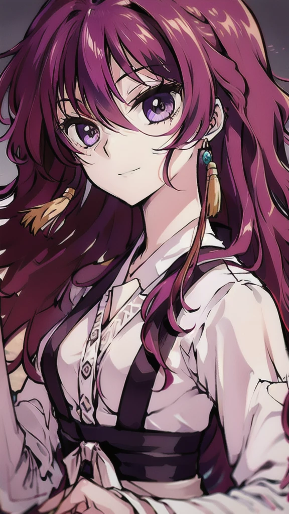 Create a detailed and vibrant image of Kafka from Honkai Star Rail. She should be portrayed with her iconic sinister smile, emphasizing her distinctive appearance, including deep violet hair, striking red eyes, and a white shirt. Use a vibrant art-style to bring out the unique personality of Kafka while highlighting the details of her appearance, especially focusing on the texture and style of her white shirt