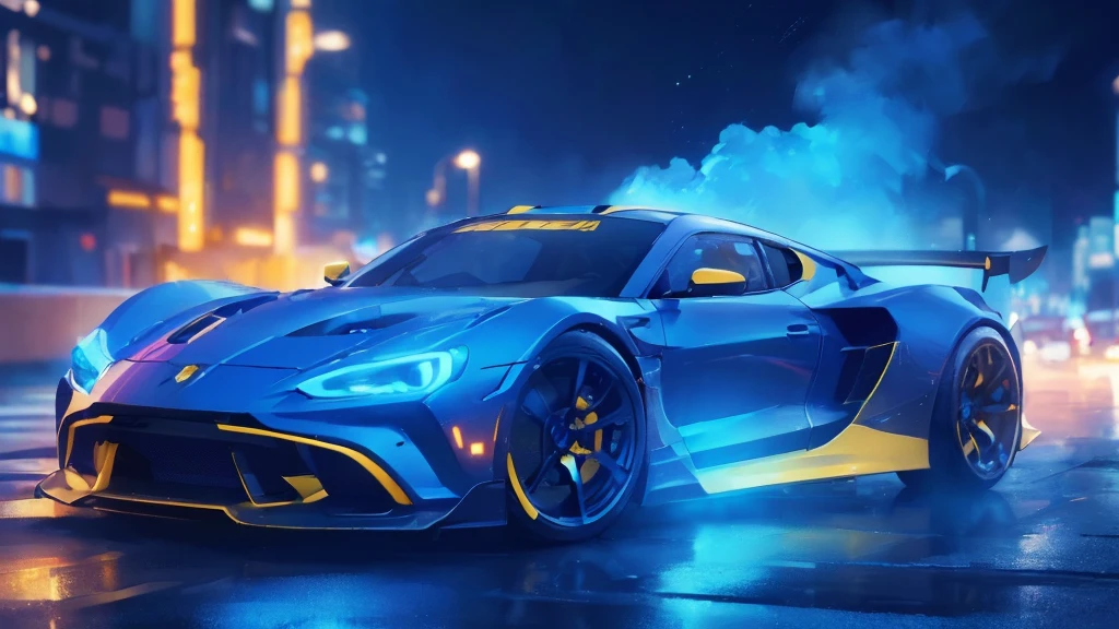 (blue and yellow sports car, blue headlights, racing stickers, car racing, blue smoke), (blue cyberpunk city, blue neon, starry sky), (8k, extremaly detailed, lighting like a movie, lense flares)