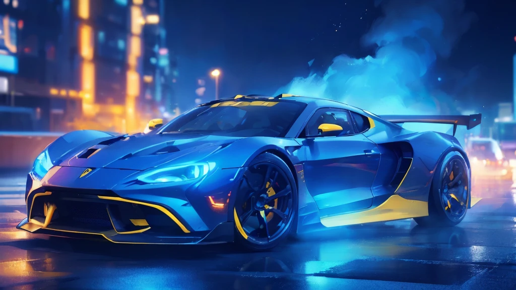 (blue and yellow sports car, blue headlights, racing stickers, car racing, blue smoke), (blue cyberpunk city, blue neon, starry sky), (8k, extremaly detailed, lighting like a movie, lense flares)