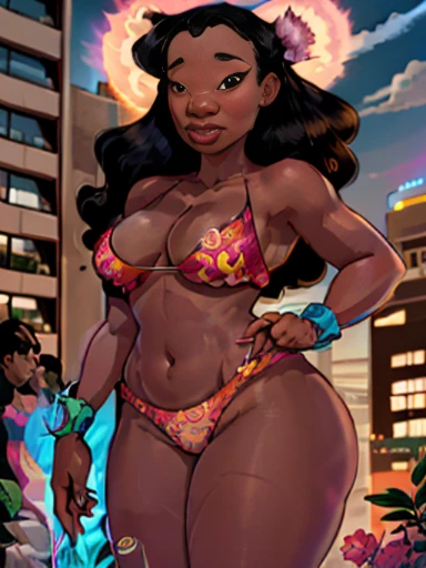 african goddess jiggly fat barriga redonda corpo voluptuoso, de baixo, 1 garota, Sozinho, Brilho, Olhos heterocromiados, cabelo realmente cacheado, Pele escura, barriga redonda corpo voluptuoso, babados, fitas, bordado floral, Neon rainbow socks and long gloves, beautiful neon rainbow panties with embroidery, gargantilha, wearing a neon rainbow garter belt, fantasia rasgada, (obra de arte, melhor qualidade),(Asas Angelicais Emplumadas:1.2), skyline, buildings, CIDADE, cloudy red sky, \(Machine\), dutch angle, Do lado, franzir a testa leve, olhando para o espectador, ao ar livre, telhado, sky, skyscraper