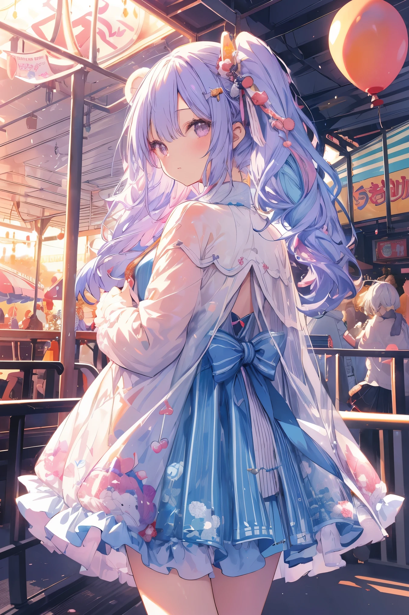 one girl、廃amusement park、もう使われていないamusement park、Horror Chick、cute、とてもcute、pastel colour、pastel colourの衣装、cape、amusement park、Ferris wheel、night、balloon、gradient hair、(young girl:1.2)、light purple hair、twin tails、((Have a bear doll))、masterpiece、best image quality、highest quality、Very delicate illustration、detailed description、8K、beautiful background、Finely written illustrations、excellent image quality、