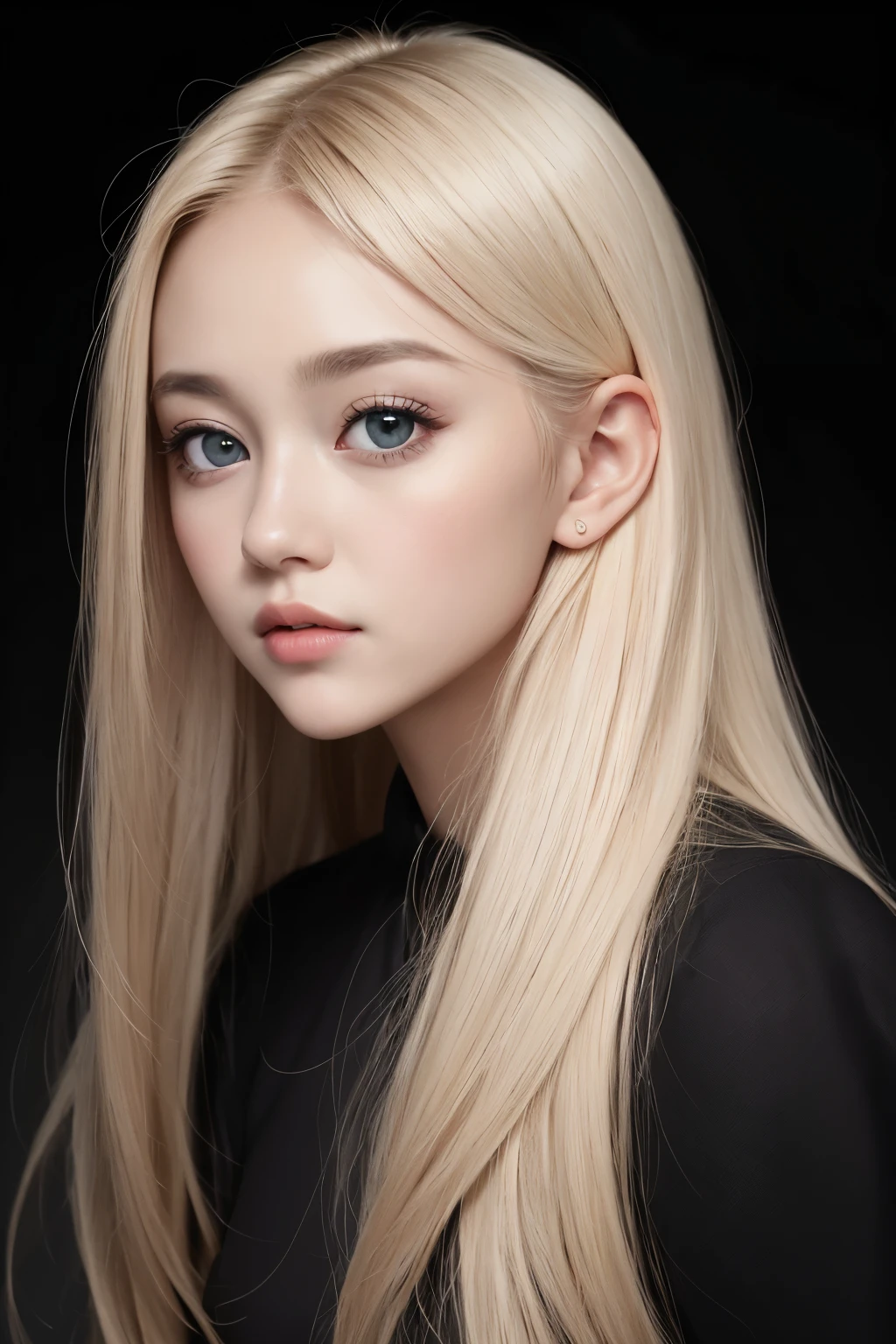 Big eyes, Star Eye, Blush, Perfect lighting, Blonde Hair, Black eye, oval face, On the side of the road, detailed face, smooth, Bright skin, พื้นหลังที่smoothง่าย, dark background,