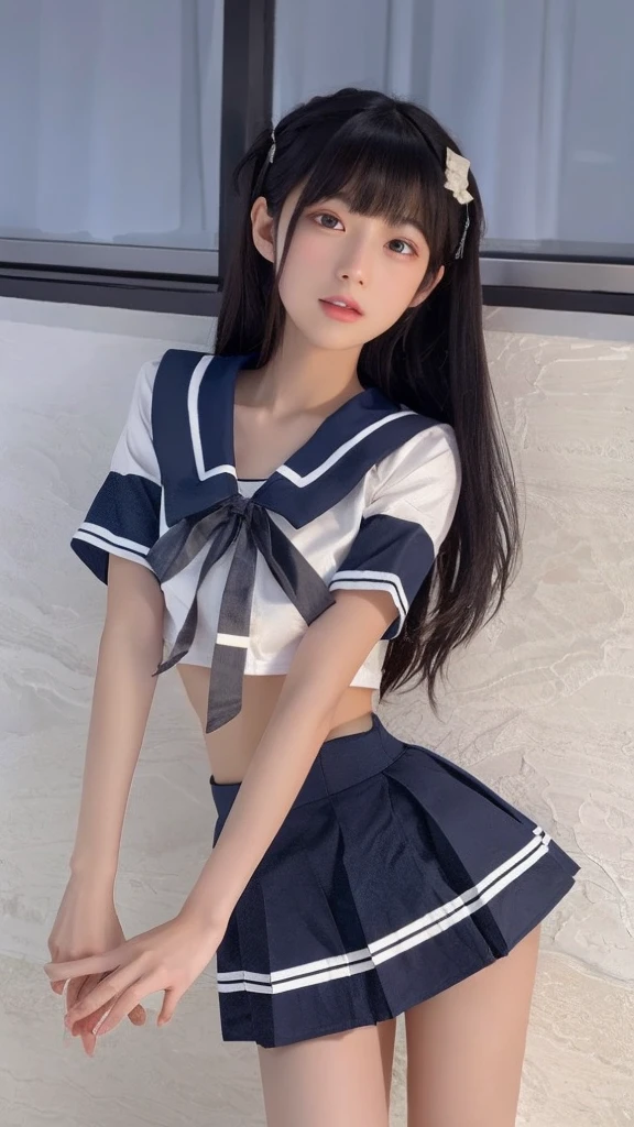 一位身穿Sailor suit的女士擺姿勢拍照的特寫, loose coat collar Sailor suit, Sailor suit, Japanese school girl uniform, japanese school uniform, jk, wearing japanese school uniform, Magic school student uniform, Qingfu, Sailor suit, female Sailor suits, ecchi style, fleet collection style, Anime Girls Cosplay, magic school clothes