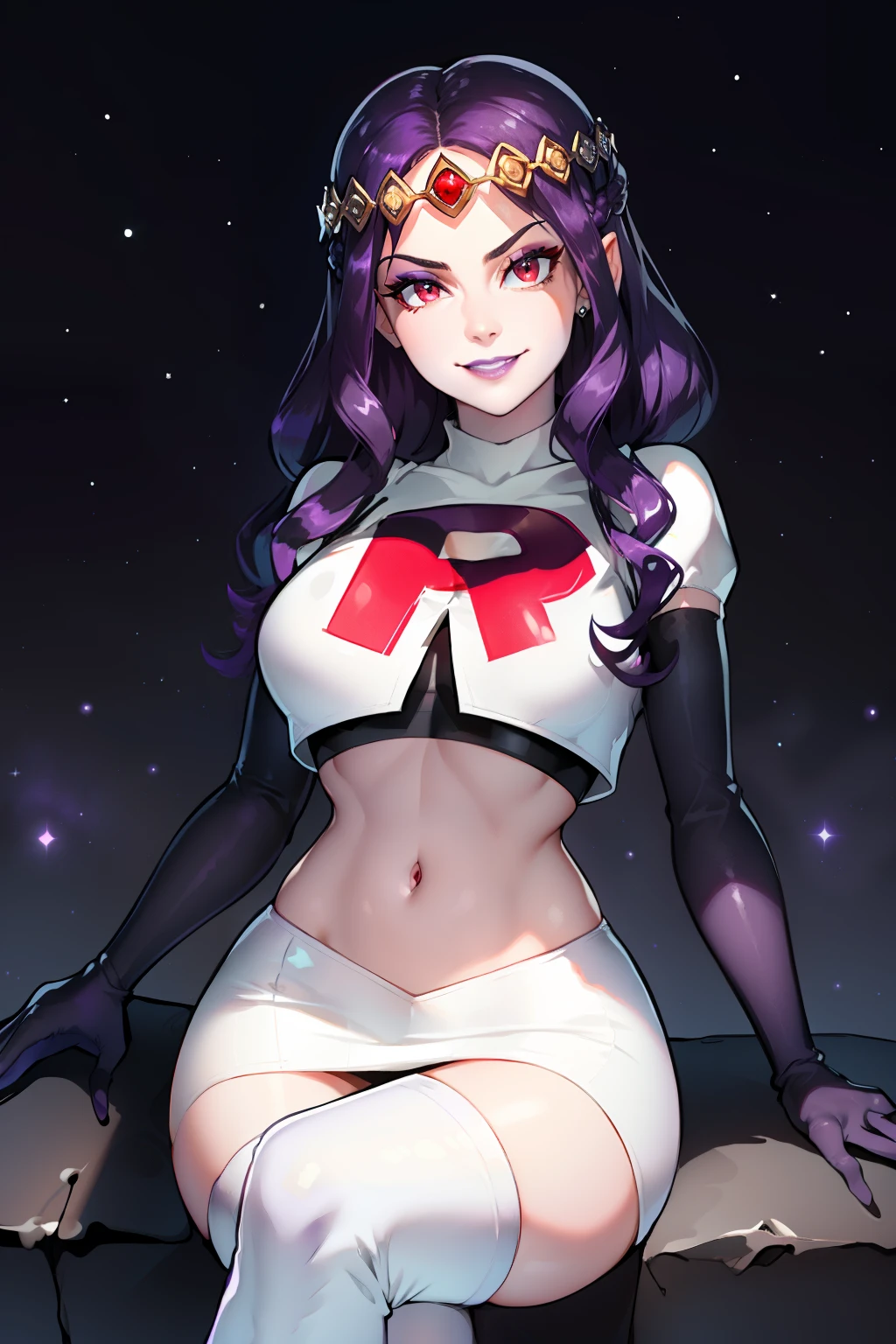  hilda,purple hair ,purple lips, tiara, red eyes ,glossy lips ,team rocket uniform, red letter R, white skirt,white crop top,black thigh-high boots, black elbow gloves, evil smile, sitting down ,legs crossed, night sky background