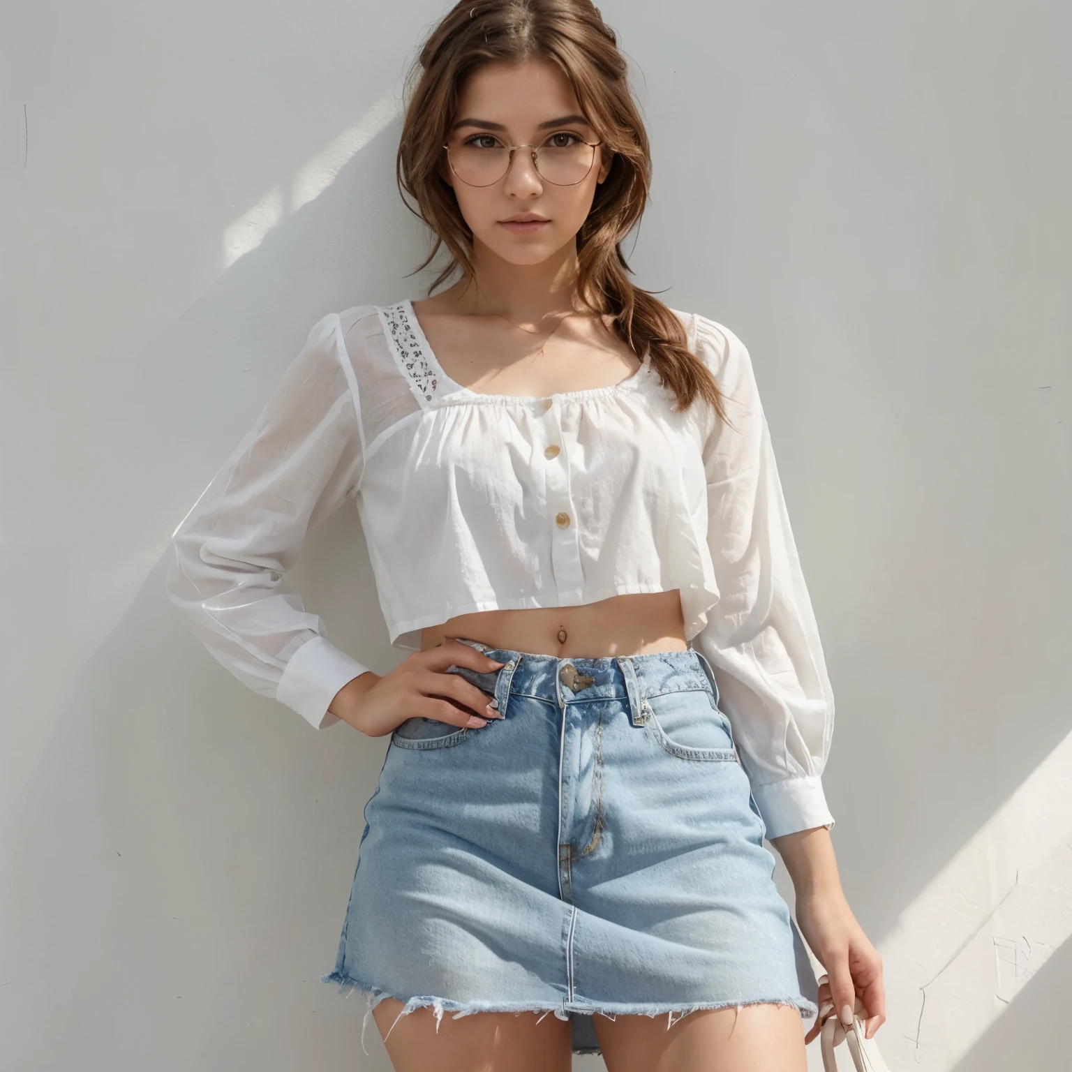 Mujer joven de pelo rubio muy claro y corto, con el pecho muy grande vestida con ropa ajustada blanca con rayas y una minifalda de jean.