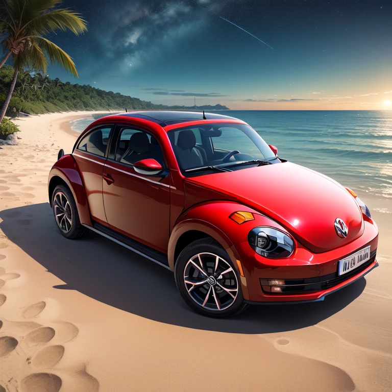 Illustration Design, (red convertible vw beetle), Watercolor splashes, , realistic car, isometric, soft color vector、volkswagen vintage beetle, (Seaside townscape, Palm tree、boat at anchor、(Sea of night、starry skies、beach house、dark Knight))、You can see a big green suitcase on it..、car trip、Ichiban star、Highlight the car