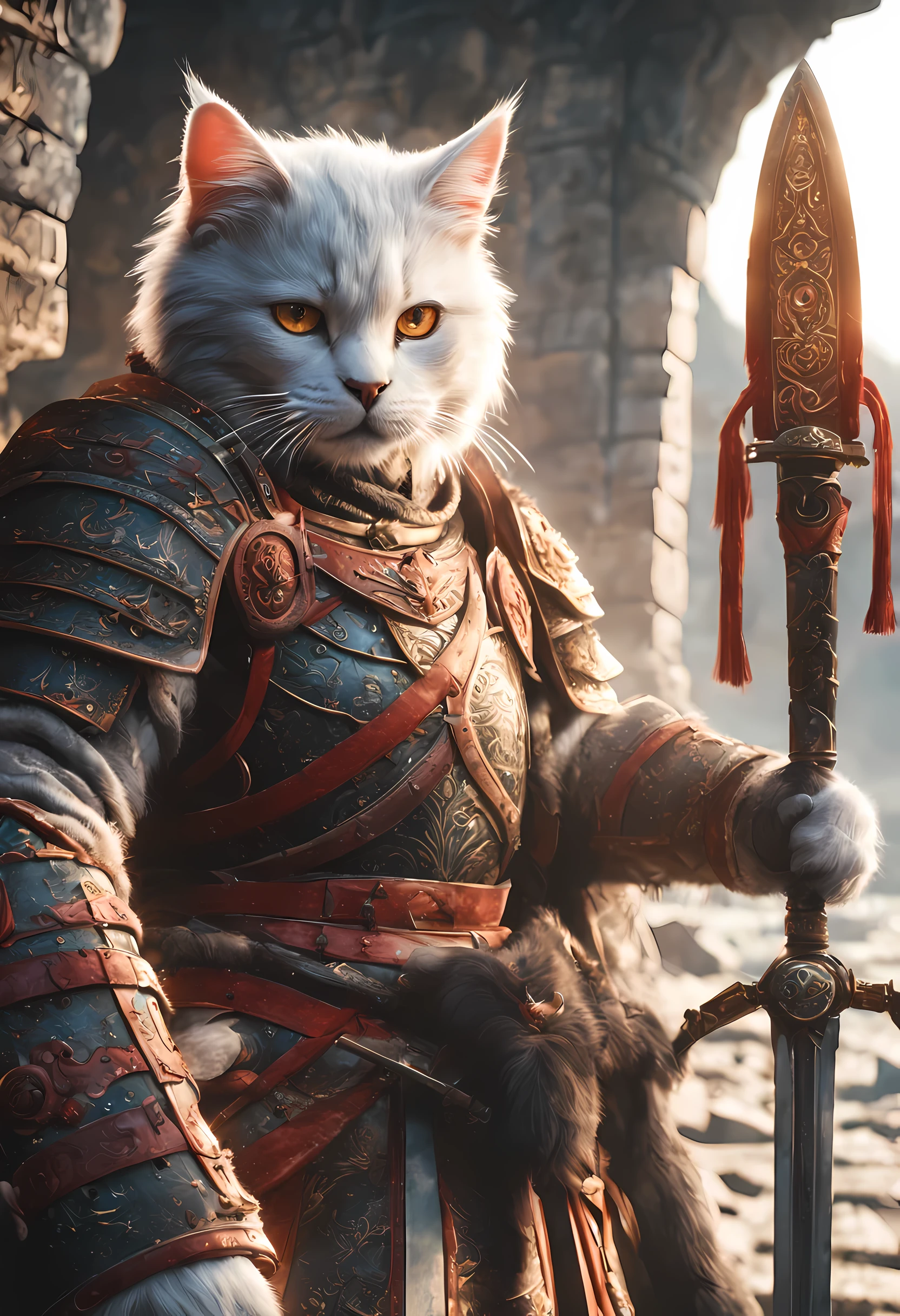 official art, unified 8k wallpaper, super detailed, Beautiful and beautiful, masterpiece, best quality, to movies《lord of the ring》style of，Epic war scenes，Cat warrior，Put on exquisite armor，holding a longsword，In battle，The Great Wall background，texture，Ray tracing，16k