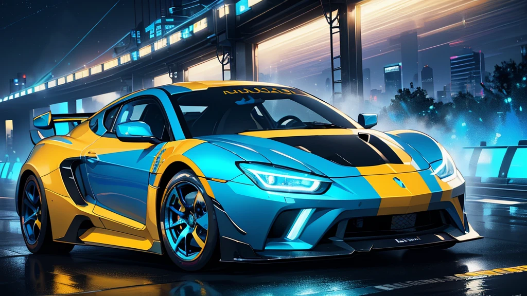 (blue and yellow sports car, blue headlights, racing stickers, car racing, blue smoke), (blue cyberpunk city, blue neon, starry sky), (8k, extremaly detailed, lighting like a movie, lense flares)