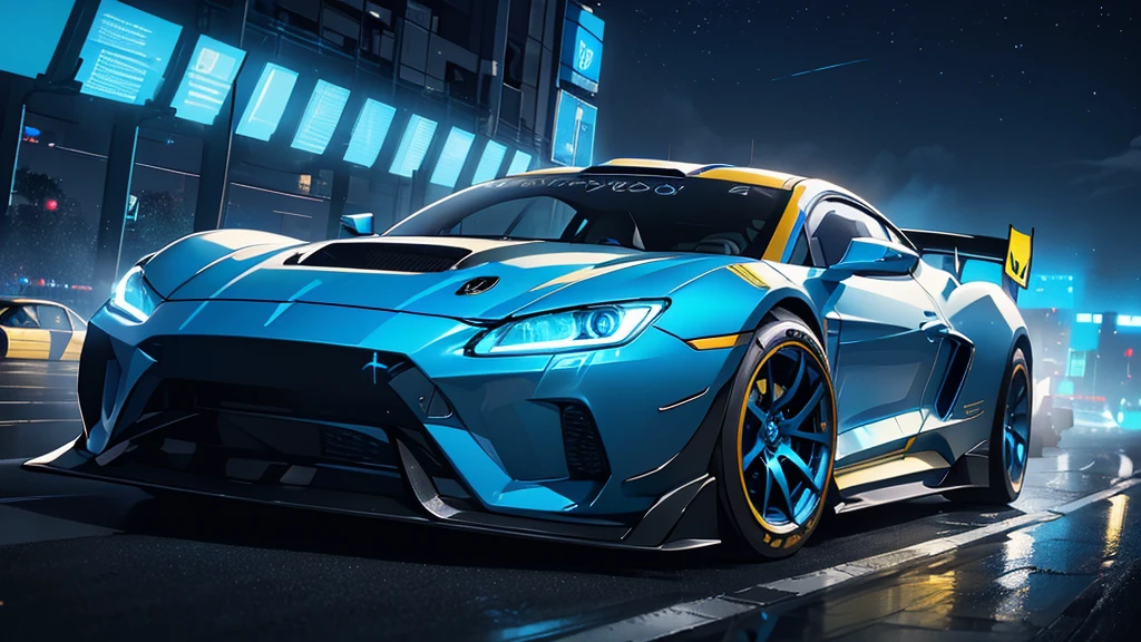 (blue and yellow sports car, blue headlights, racing stickers, car racing, blue smoke), (blue cyberpunk city, blue neon, starry sky), (8k, extremaly detailed, lighting like a movie, lense flares)