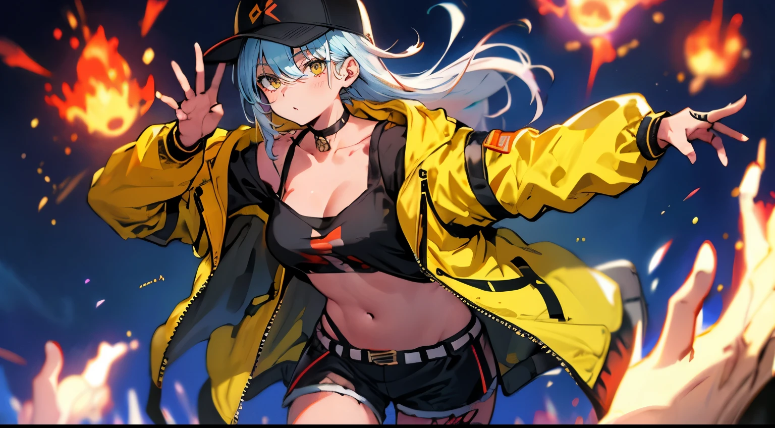 isla-ms, Best Quality, Highest Quality, Highly detailed CG Unity 8k wallpaper, Original, High resolution, (depth of fields: 1.5), fidelity: 1.3,hat, baseball cap, jacket, mask, respirator, choker, tattoo, oversized clothes, leg tattoo, disembodied limb, yellow jacket, shorts, navel